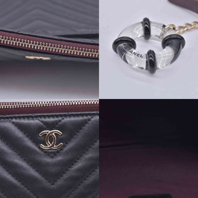 $1250 CHANEL Calfskin Chevron Quilted Large O-Case Clutch Pouch Dark Navy Charcoal CONSIGNMENT 10021554