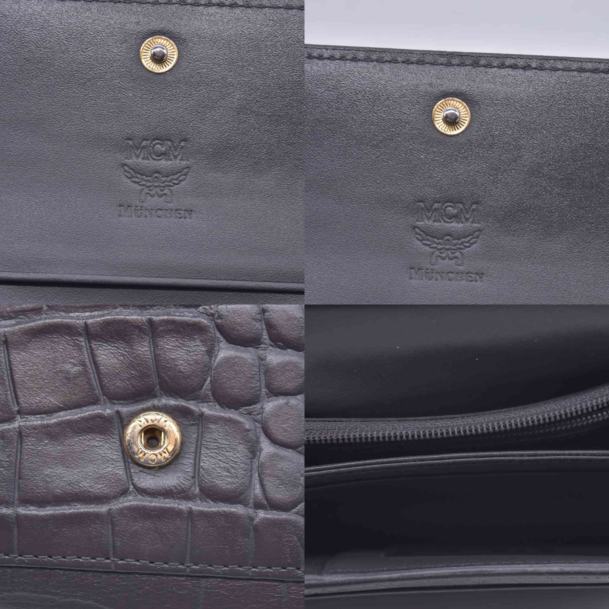 $380 MCM Embossed Crocodile Leather Logo Plaque Medium Flap Wallet Grey CONSIGNMENT 10021594