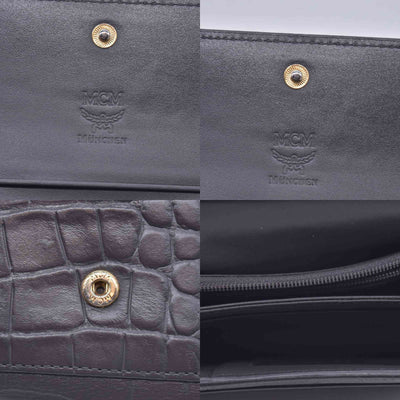 $380 MCM Embossed Crocodile Leather Logo Plaque Medium Flap Wallet Grey CONSIGNMENT 10021594