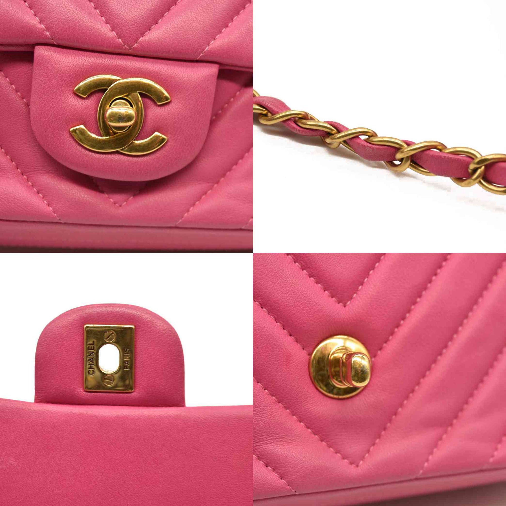 Chanel  Lambskin Chevron Quilted Mini Rectangular Flap Dark Pink 21*