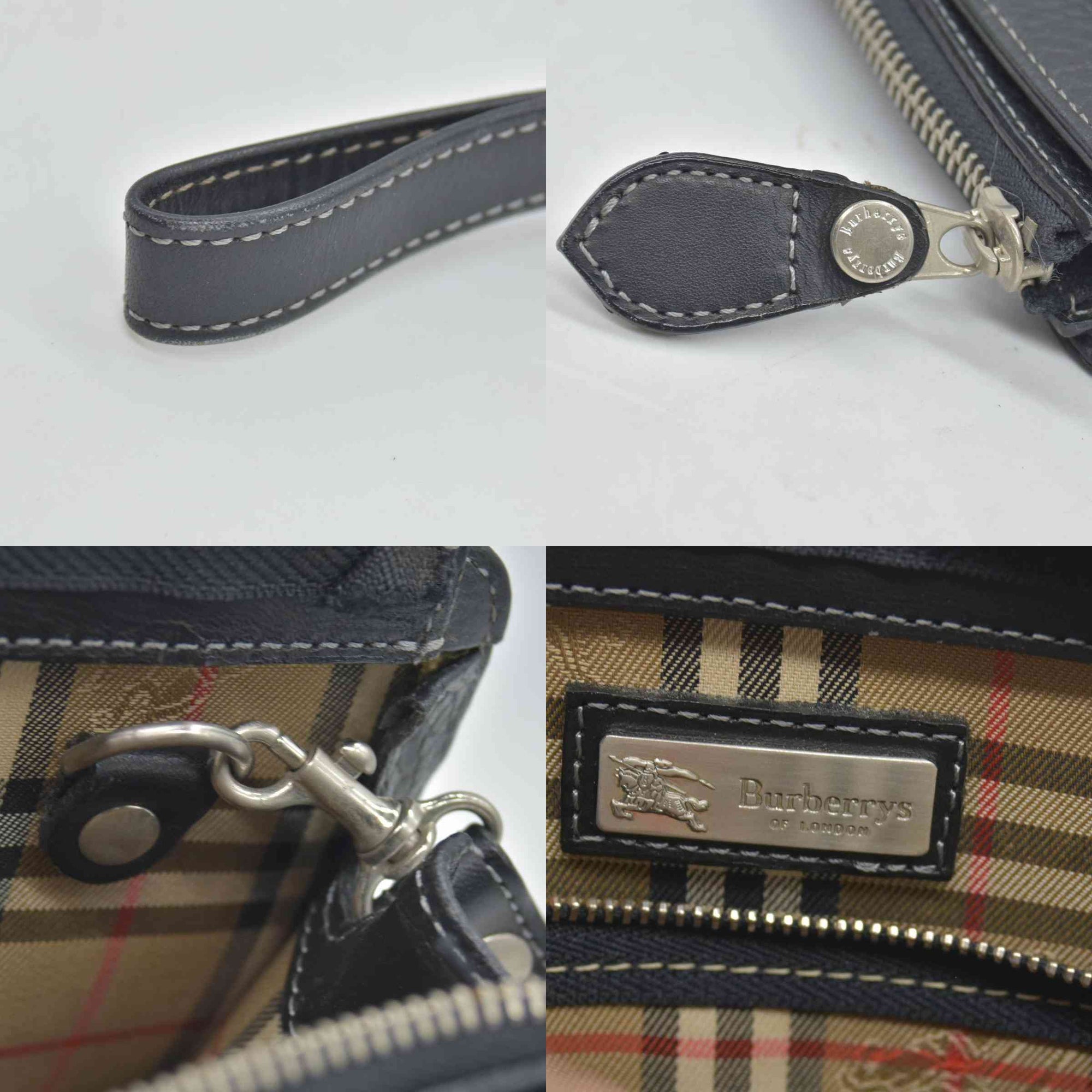 $650 BURBERRYS Black Tumbled Leather Clutch Wristlet With Nova Check Plaid Lining CONSIGNMENT