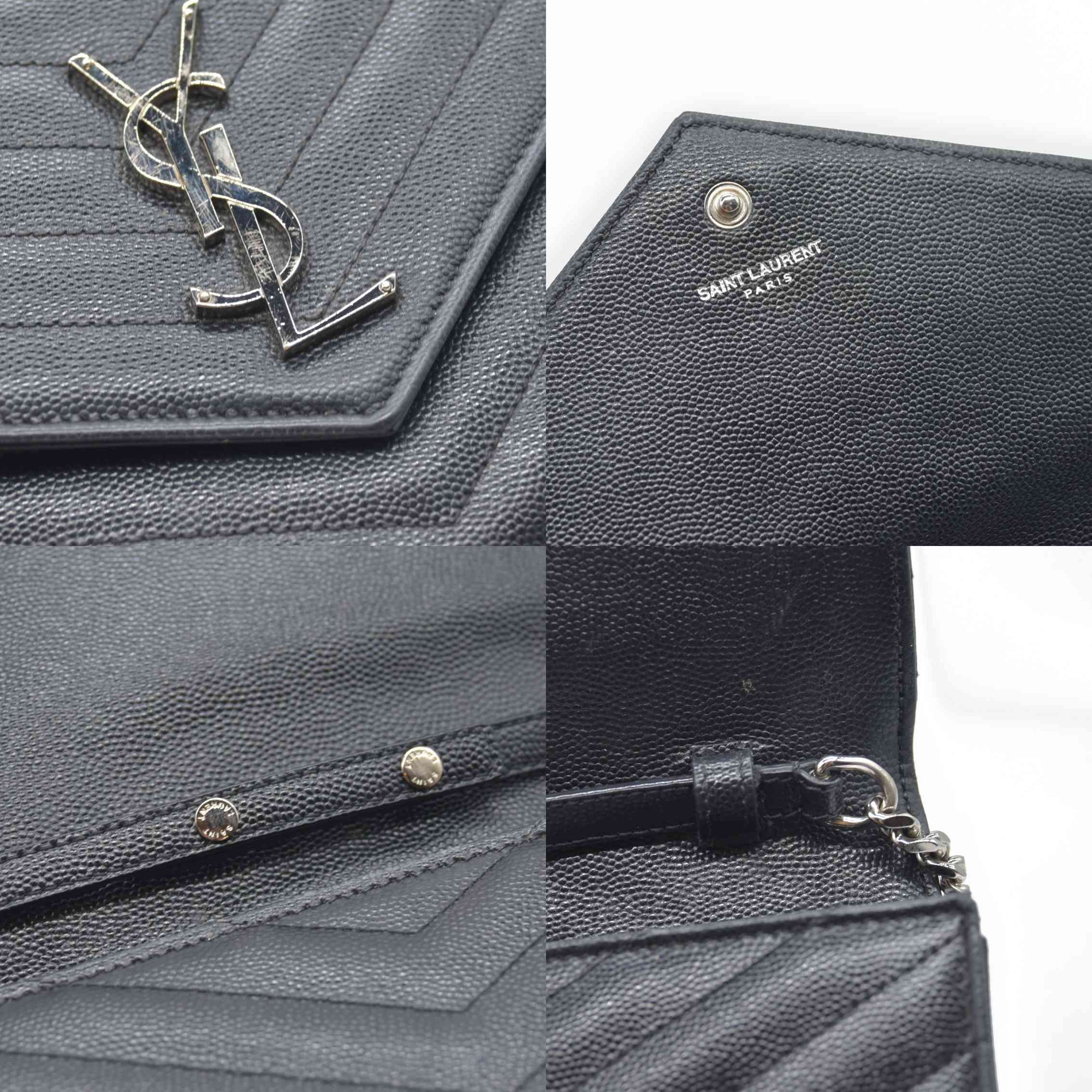 $1600 Saint Laurent Grain De Poudre Matelasse Chevron Monogram Envelope Chain Wallet Black CONSIGNMENT