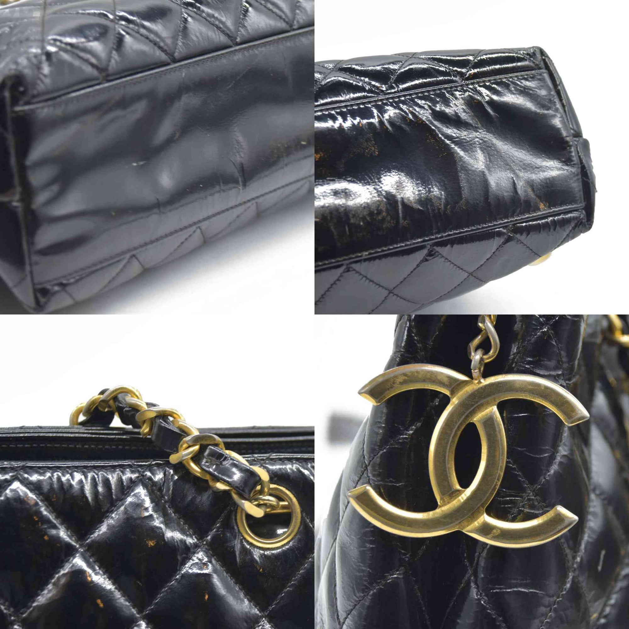 CHANEL Matelasse Chain Shoulder Bag Patent leather Black Gold CC