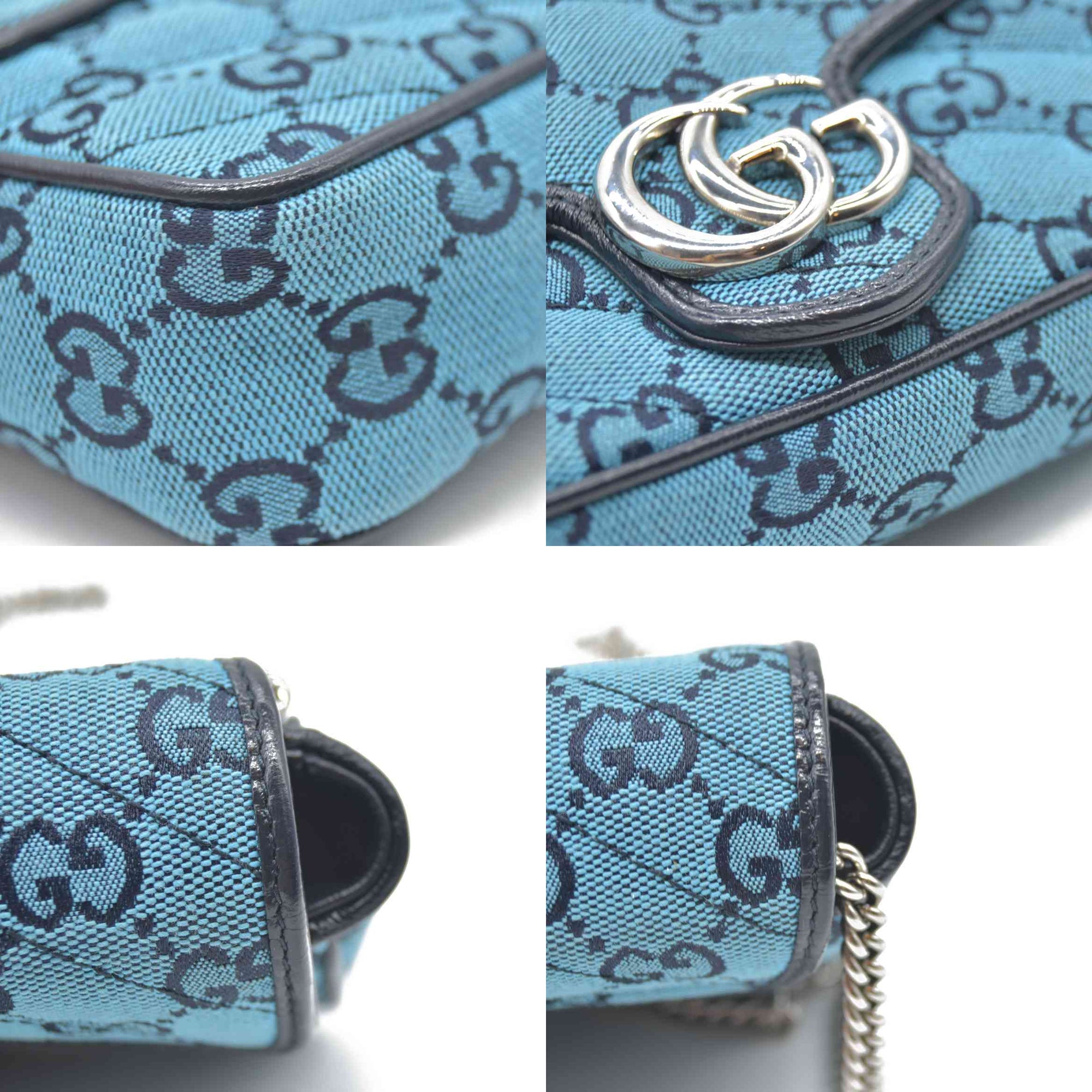 Gucci  Monogram Multicolor Matelasse Diagonal Super Mini GG Marmont Shoulder Bag Light Blue