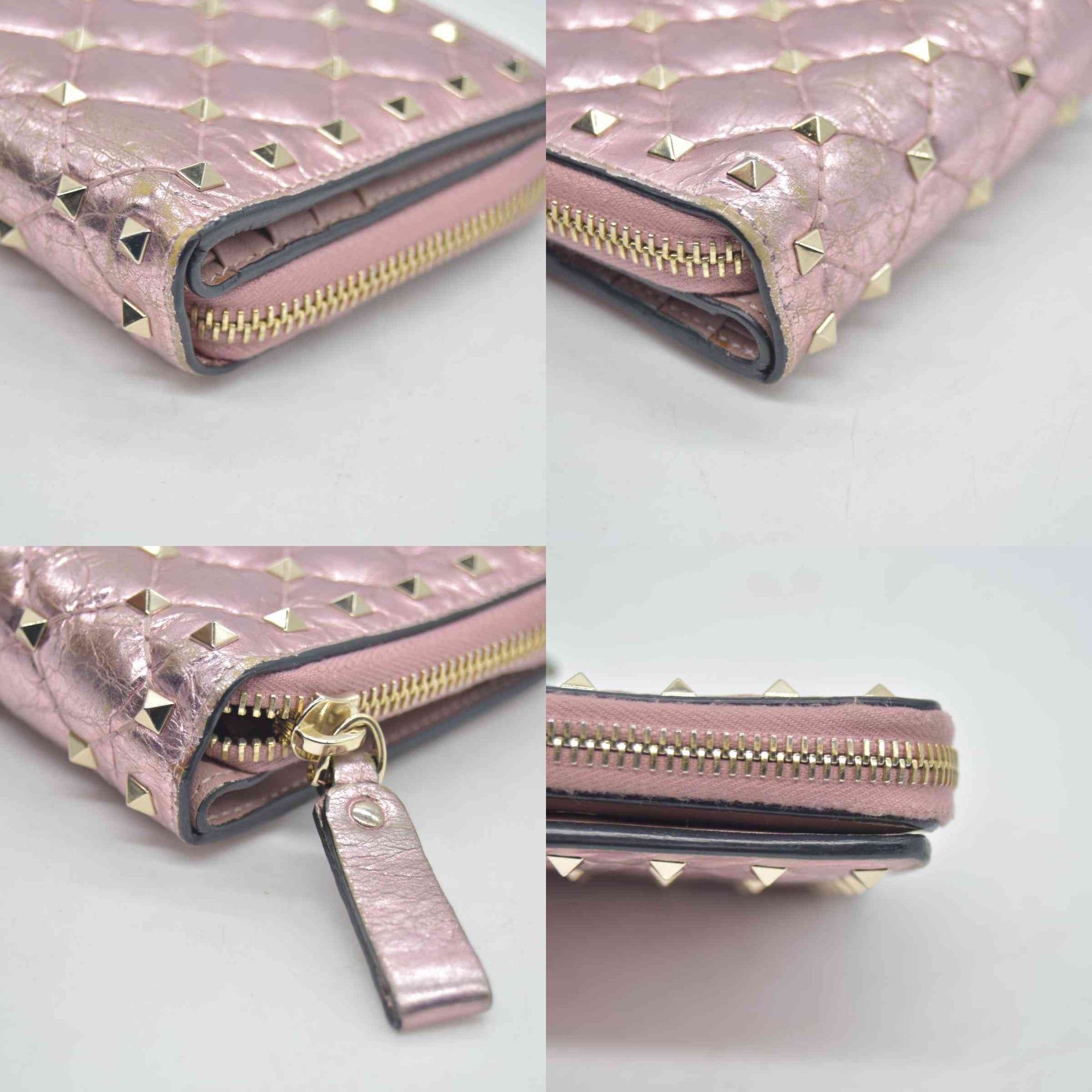 $775 VALENTINO Garavani Nappa Rockstud Spike Compact Zip Around Wallet Metallic Pink