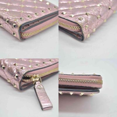 $775 VALENTINO Garavani Nappa Rockstud Spike Compact Zip Around Wallet Metallic Pink