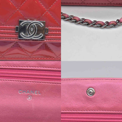 $3350 Chanel Patent Calfskin Quilted Boy Wallet On Chain WOC Fuchsia