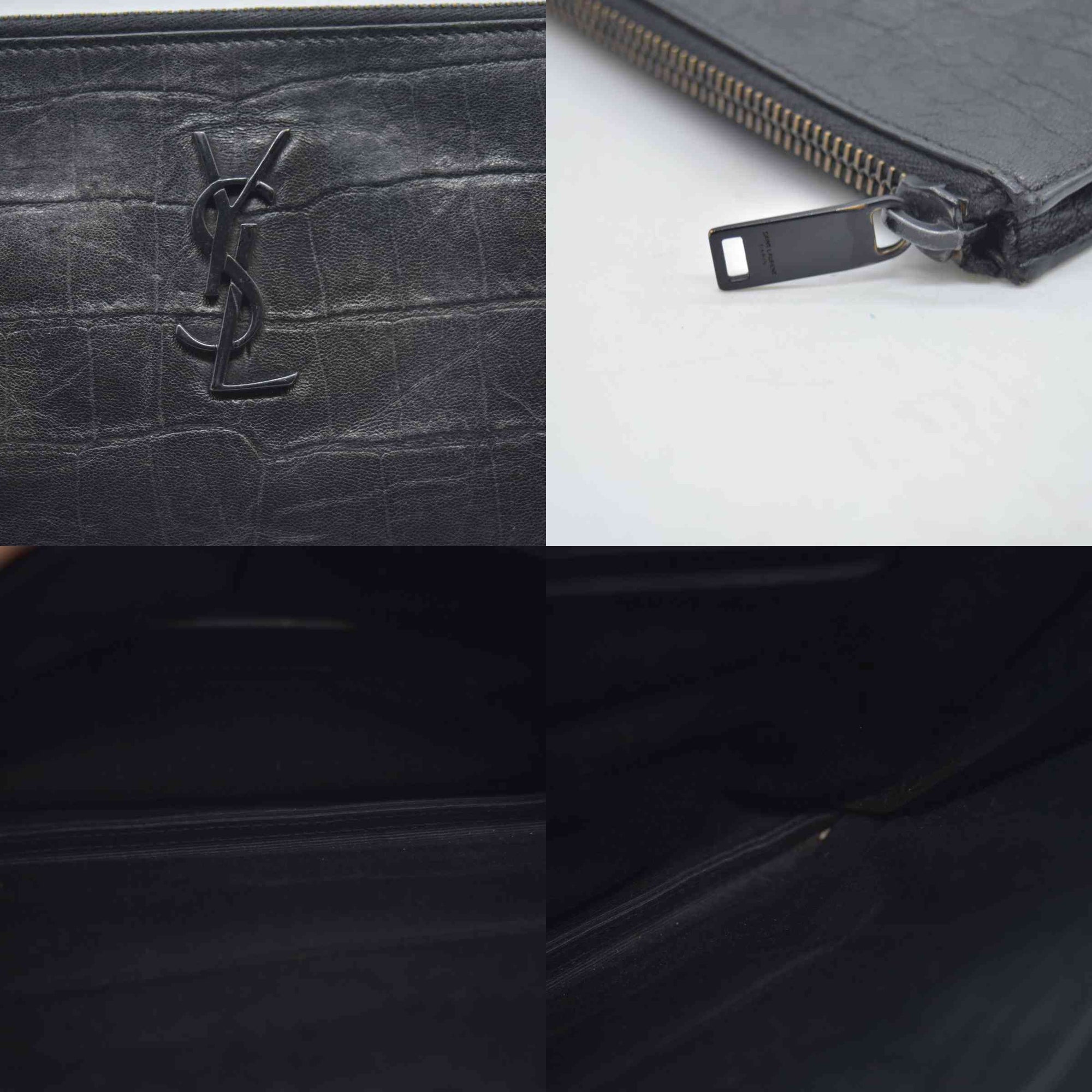 $990 Saint Laurent Croc Monogram Embossed Zip Clutch Black 2018