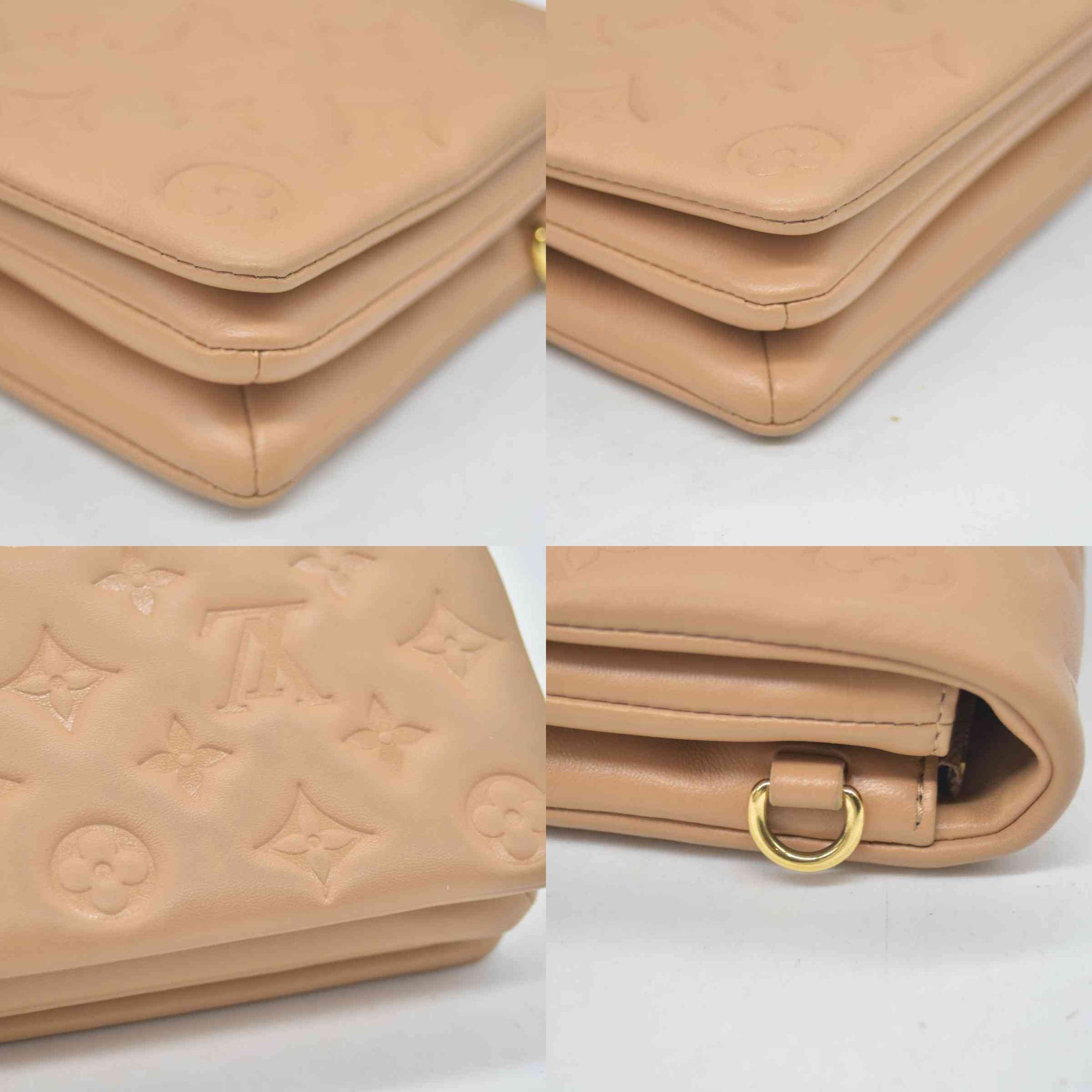 $3150 Louis Vuitton Lambskin Embossed Monogram Pochette Coussin Camel Color Transfer