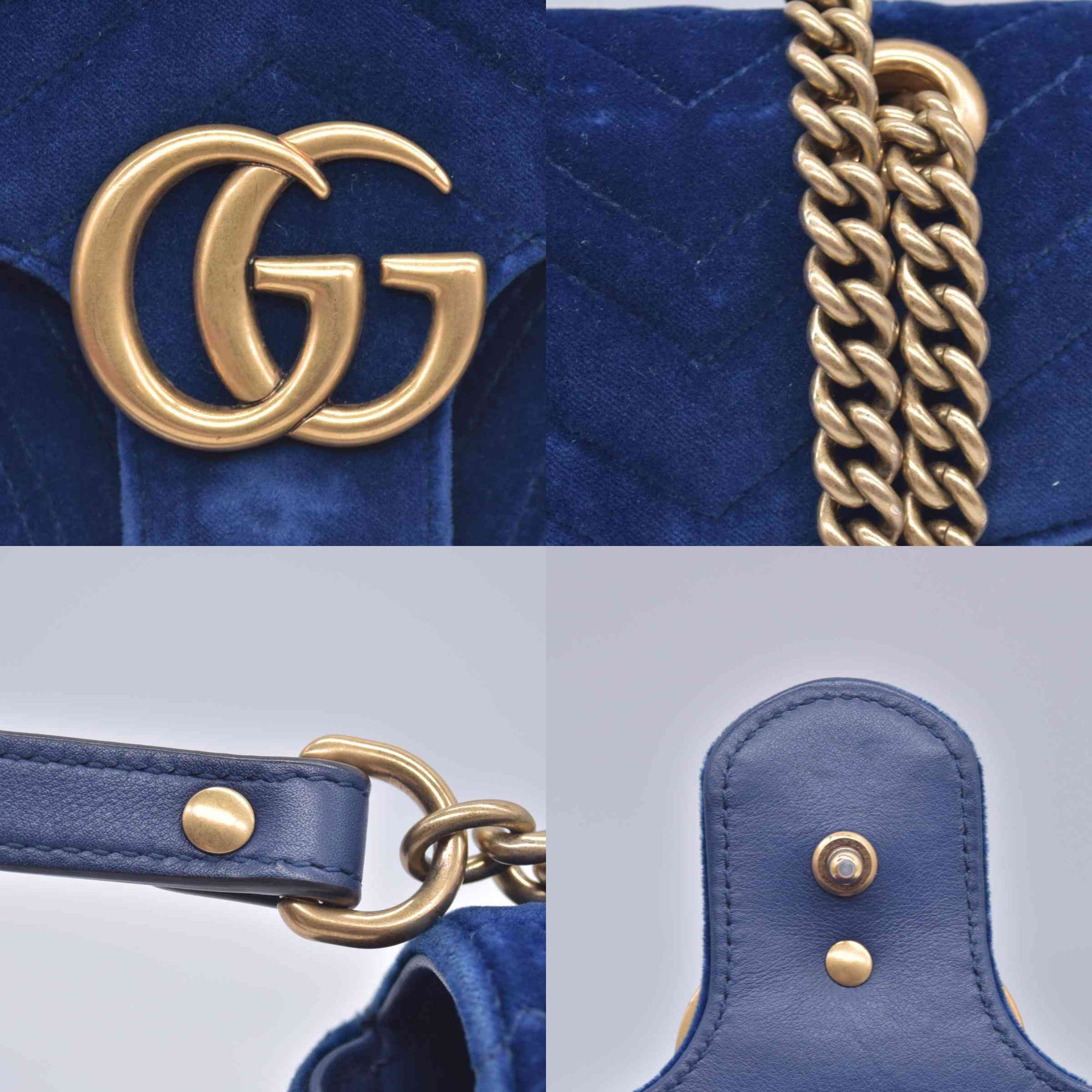 $2850 Gucci Velvet Matelasse Small GG Marmont Shoulder Bag Cobalt Blue CONSIGNMENT
