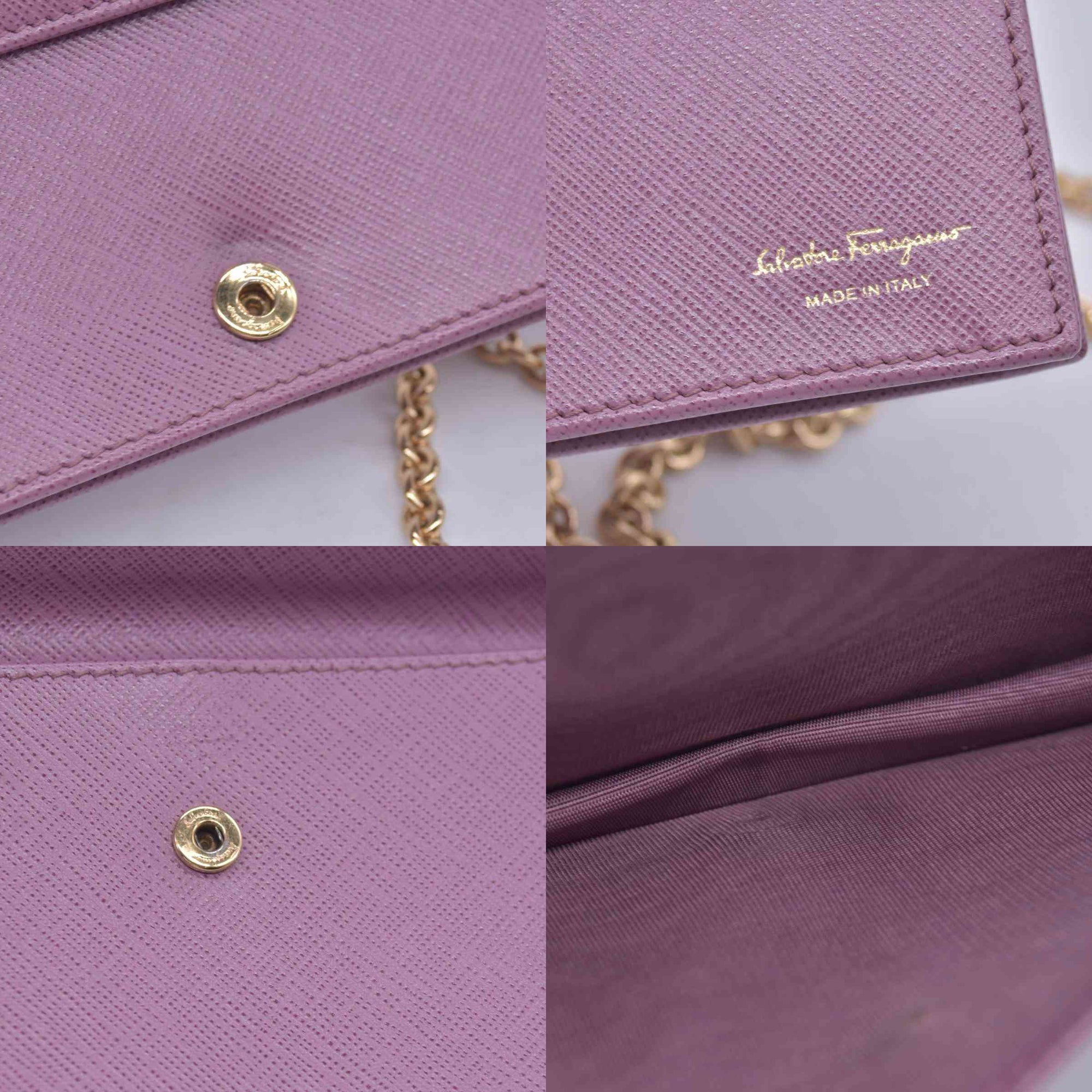 $650 SALVATORE FERRAGAMO Vara Bow Saffiano Leather Chain Flap Wallet Crossbody Pink CONSIGNMENT 10021563