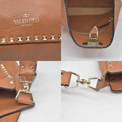 $2275 Valentino Pebbled Calfskin Small Rockstud Flip-Lock Messenger Bag Brown