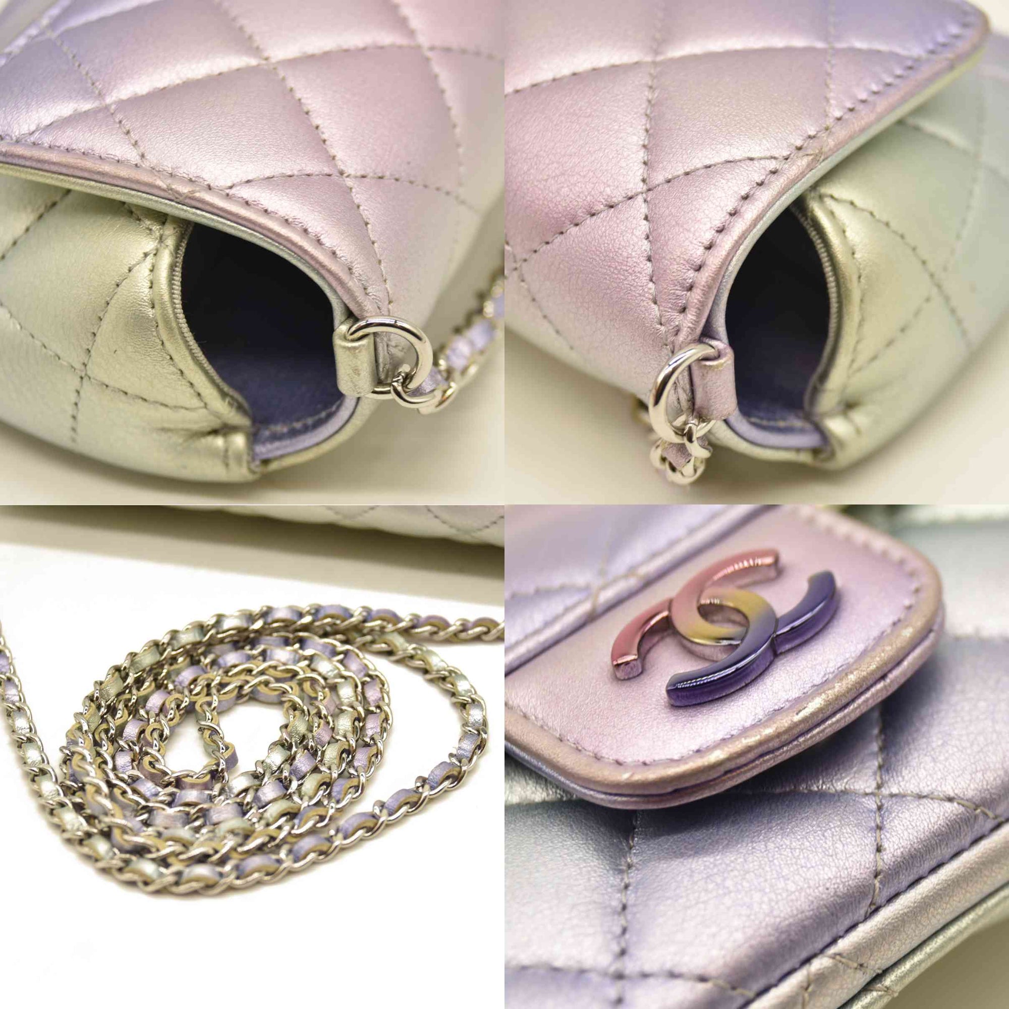 Chanel  Gradient Metallic Calfskin Quilted Glasses Case With Chain Silver Blue Yellow Purple