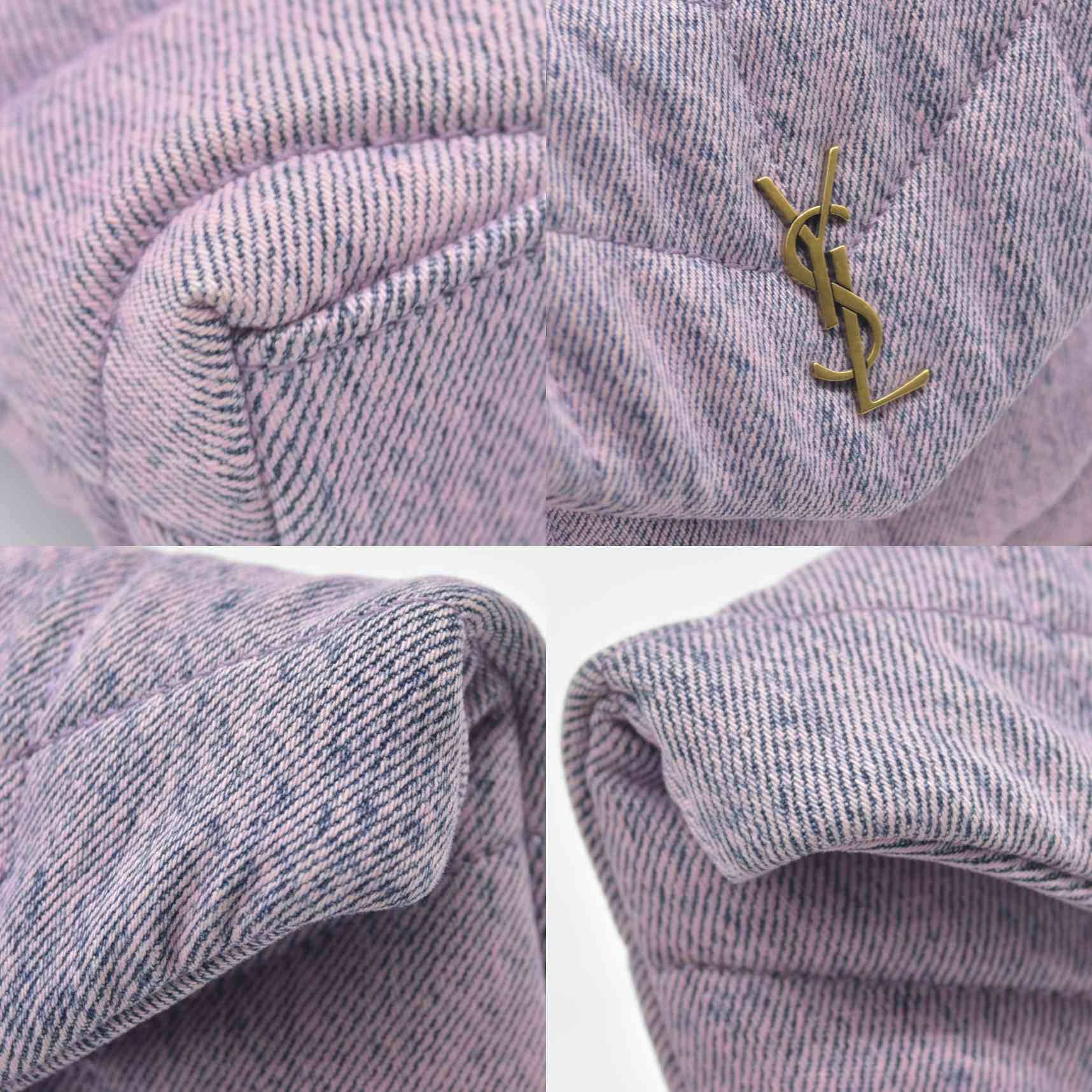 $1000 Saint Laurent Denim Quilted Loulou Puffer Monogram Pouch Clutch Bleached Lilac CONSIGNMENT