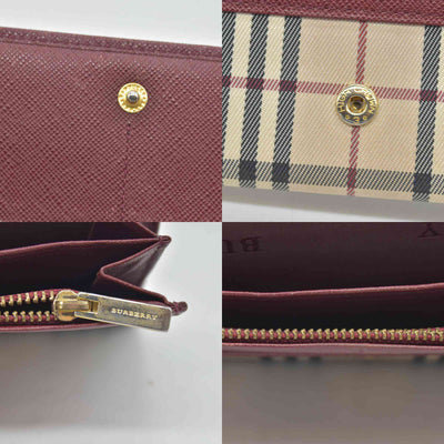Burberry Beige & Burgundy Canvas Leather Nova Check Long Wallet CONSIGNMENT