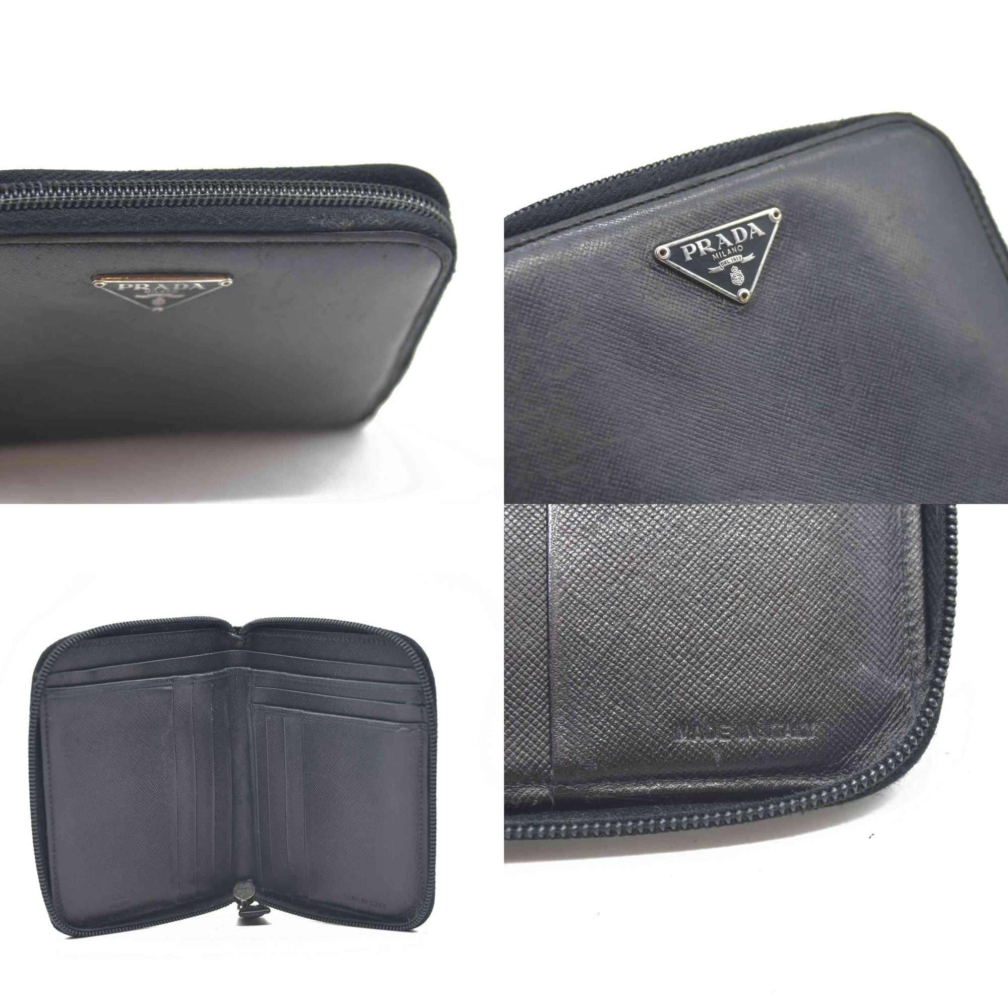 $725 Prada Logo Plaque Saffiano Wallet Black CONSIGNMENT 10020874