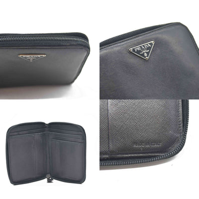 $725 Prada Logo Plaque Saffiano Wallet Black CONSIGNMENT 10020874
