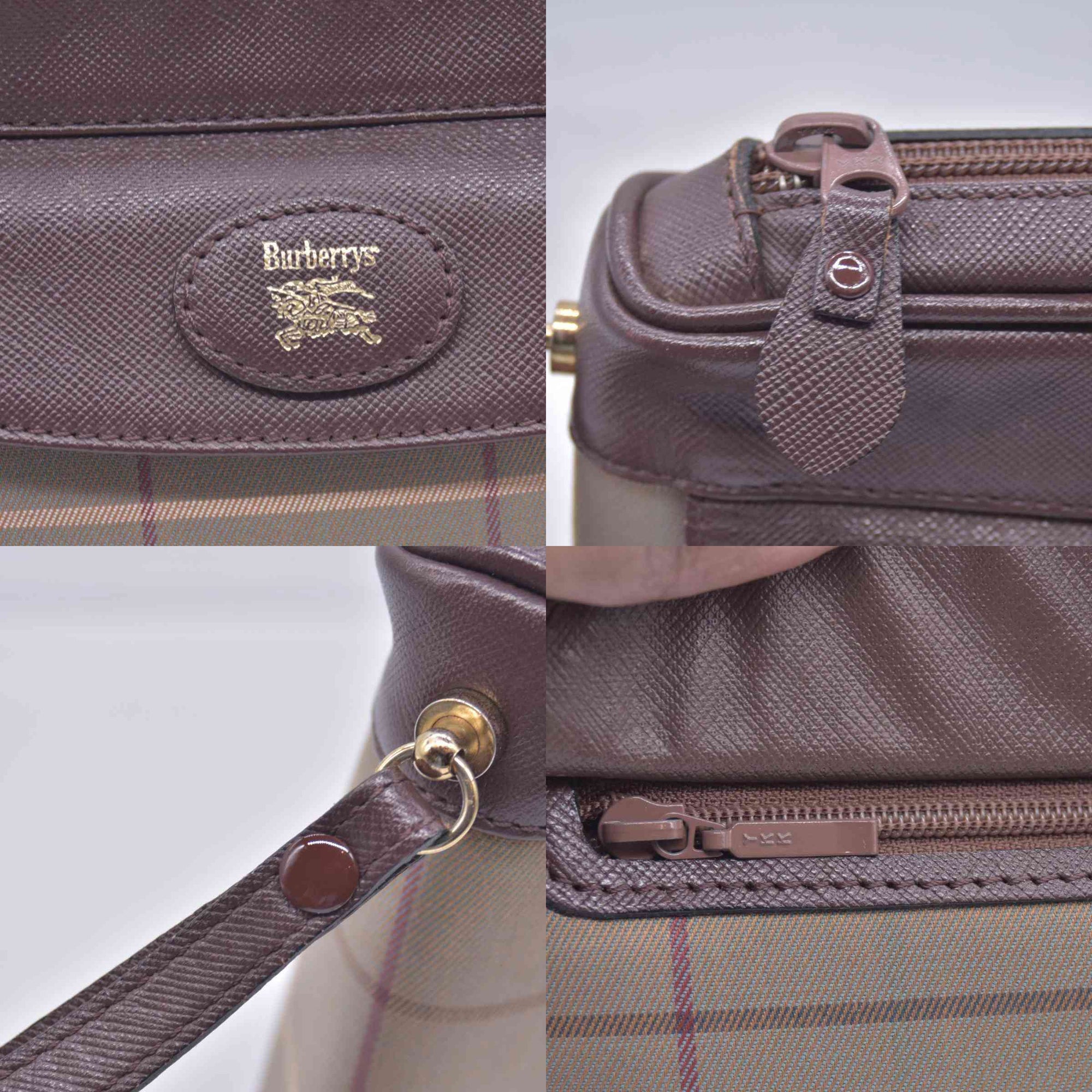 $550 Burberry Vintage Burberrys Check Canvas & Leather Wristlet Pouch CONSIGNMENT 10021044