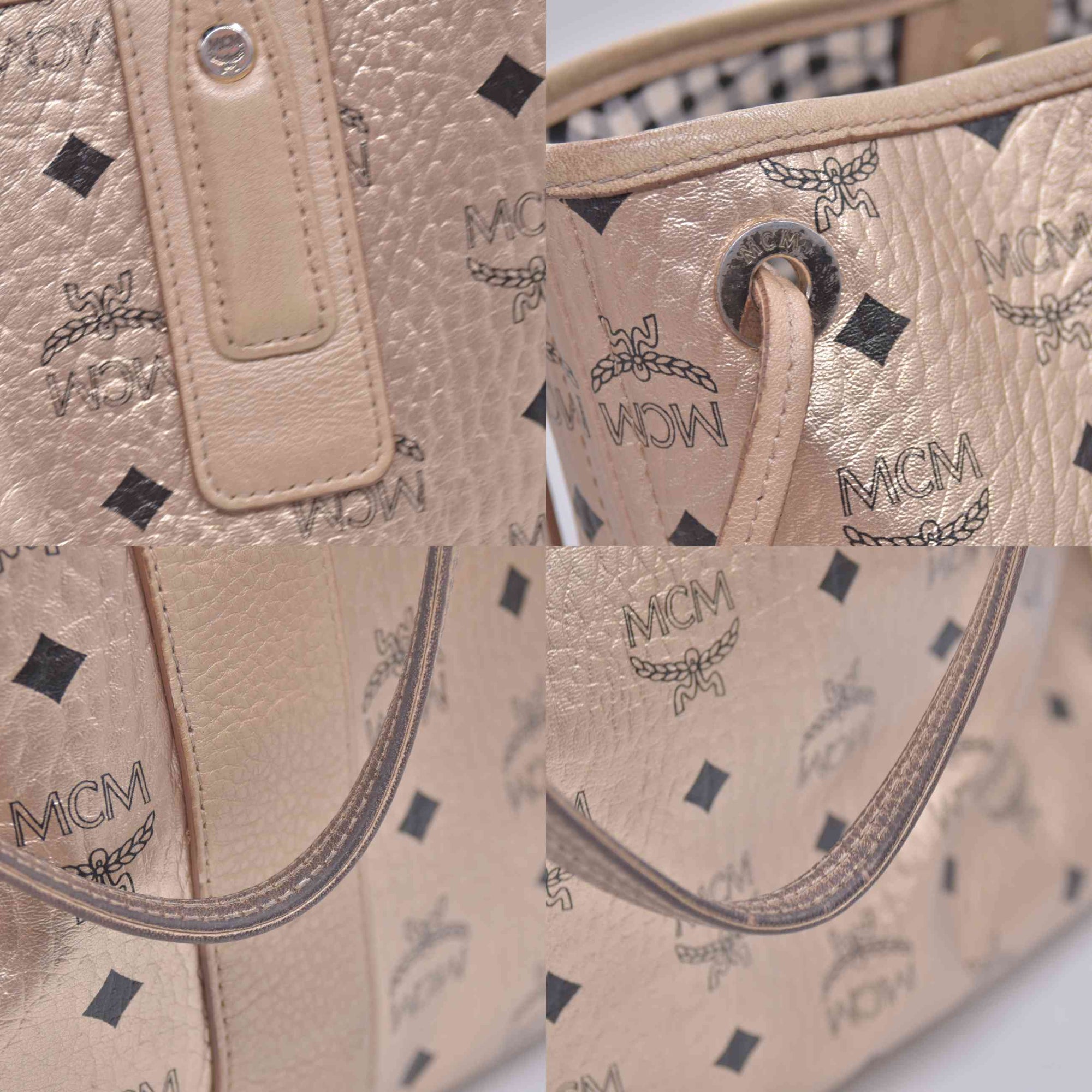 $950 MCM Metallic Visetos Medium Liz Reversible Shopper Tote Gold