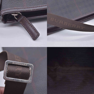 $780  BURBERRY Coated Canvas Check Flat Messenger Bag Dark Brown CONSIGNMENT 10021351