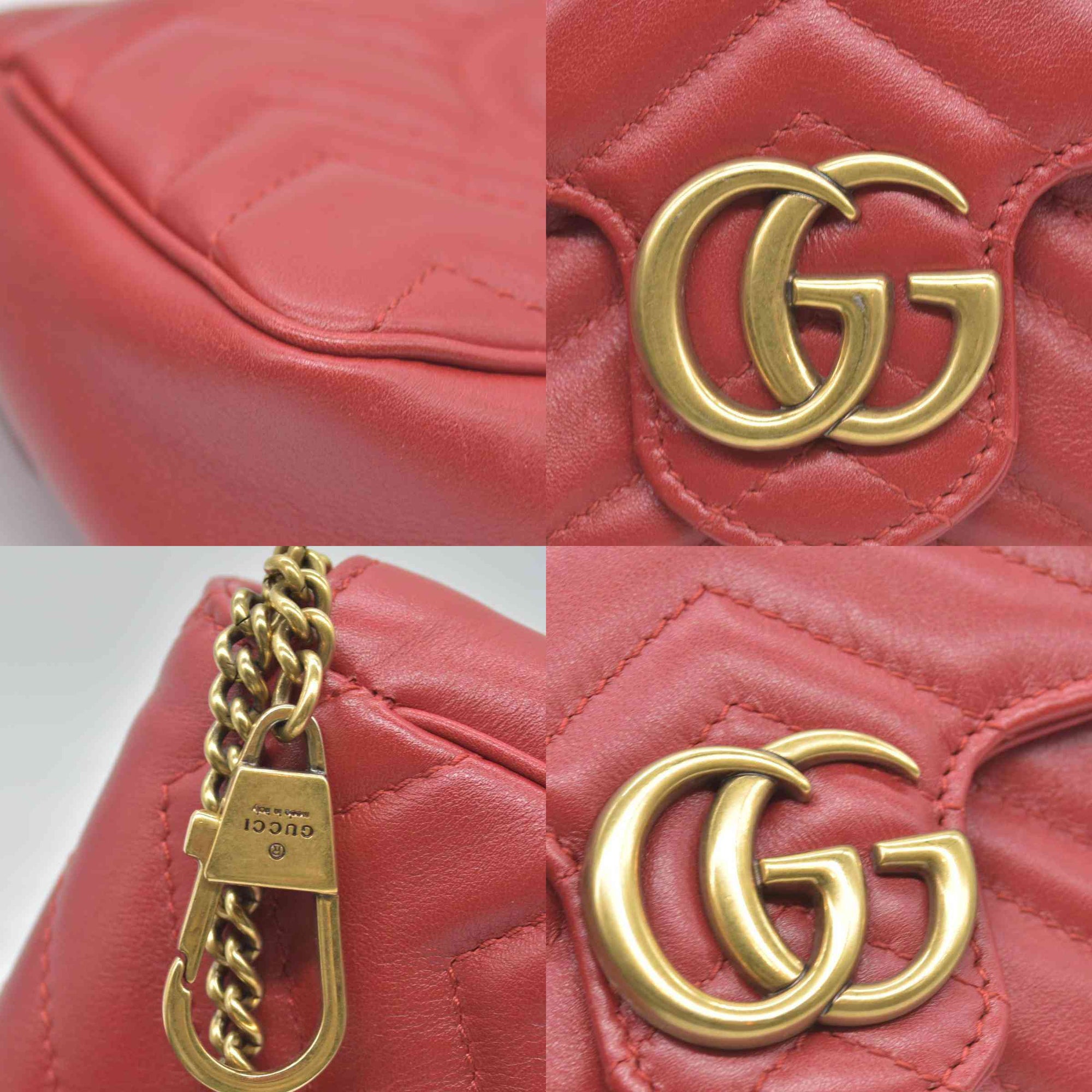 $1550 Gucci Calfskin Matelasse Super Mini GG Marmont Shoulder Bag Hibiscus Red