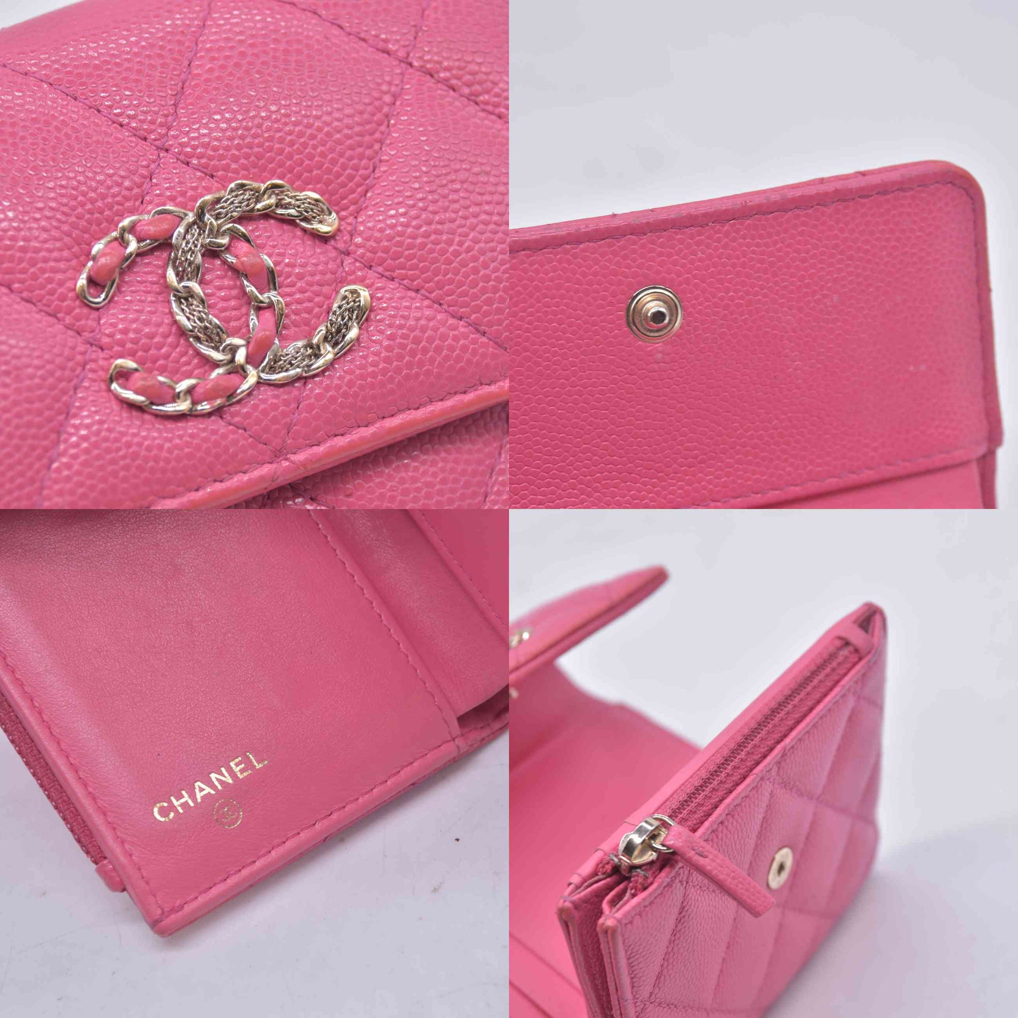 $1025 2020 CHANEL Interlocking CC Chain Small Flap Tri-Fold Wallet Pink Caviar Leather