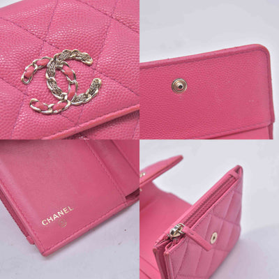 $1025 2020 CHANEL Interlocking CC Chain Small Flap Tri-Fold Wallet Pink Caviar Leather