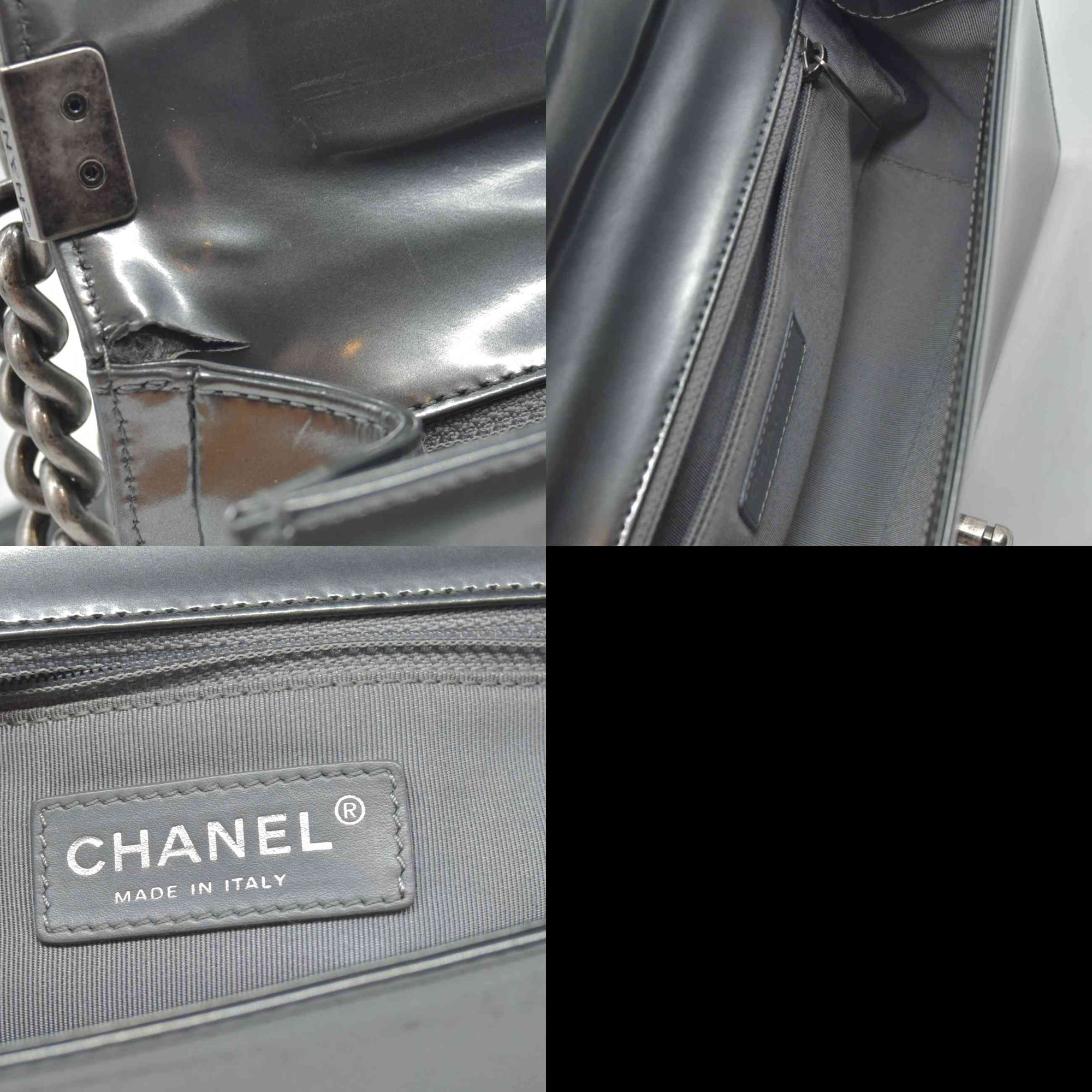 $4700 2012 Chanel Medium Boy Electric Silver Patent Leather Logo CC Flap