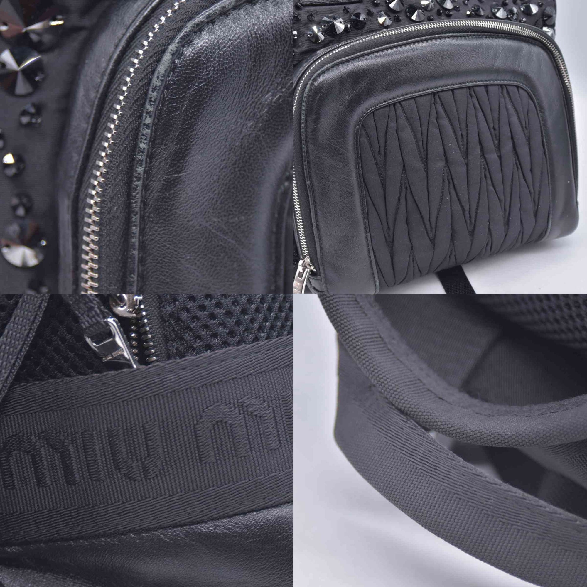 $1950 MIU MIU Leather Trimmed Matelasse Crystal Embellished Nylon Backpack