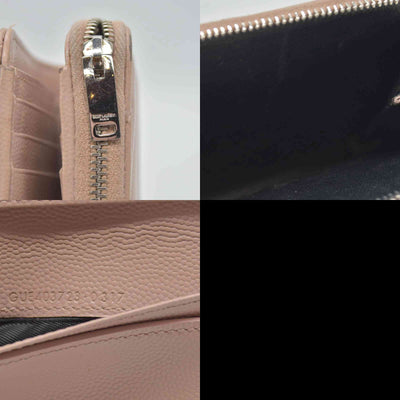$625 Saint Laurent Grain De Poudre Matelasse Chevron Monogram Compact Zip Around Wallet Pink