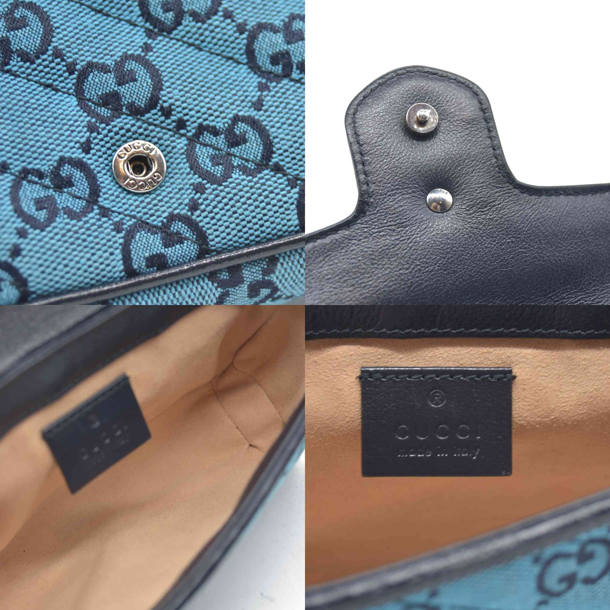 Gucci  Monogram Multicolor Matelasse Diagonal Super Mini GG Marmont Shoulder Bag Light Blue