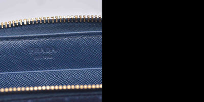 $790 PRADA Saffiano Metal Logo Zip Around Long Wallet Blue CONSIGNMENT 10021520