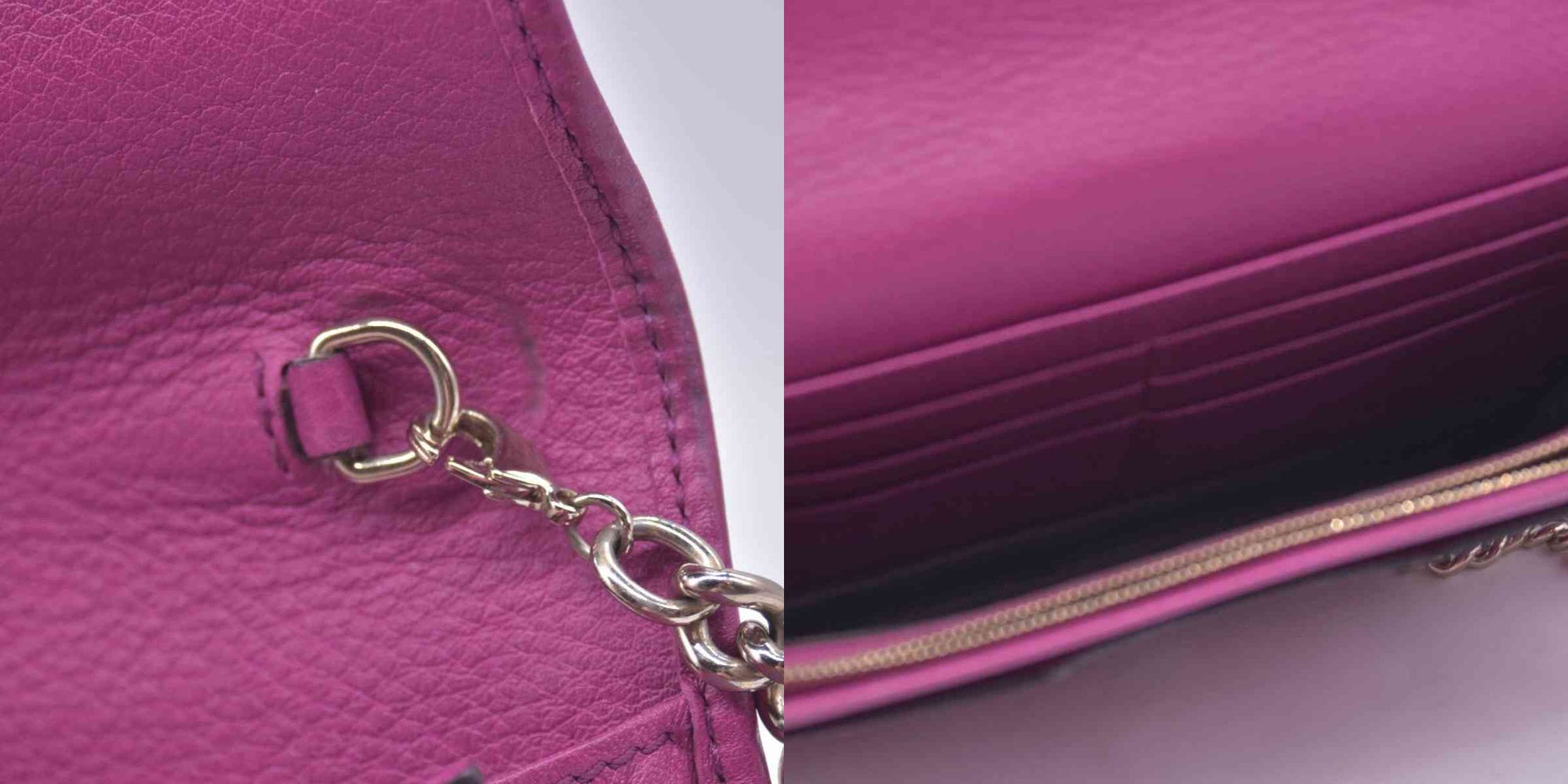$850 Gucci Pebbled Calfskin Soho Wallet On Chain Fuchsia CONSIGNMENT