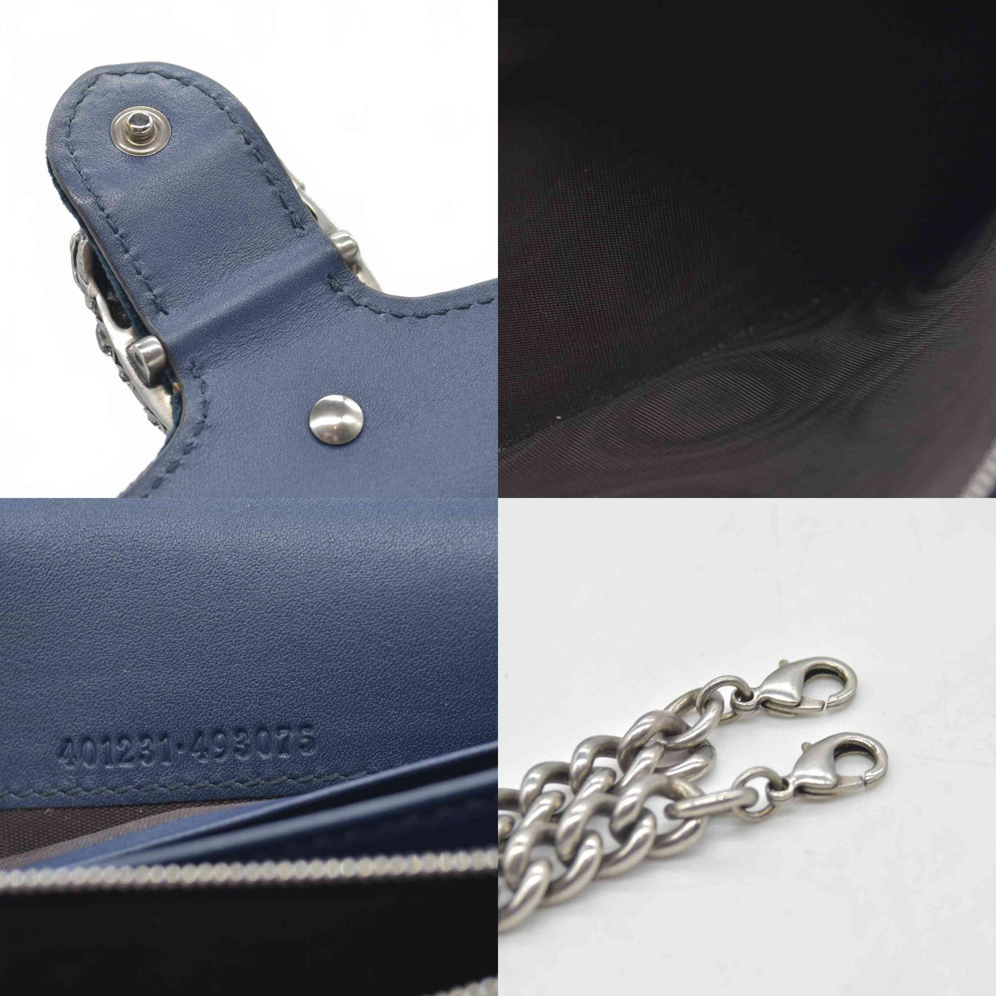 $1650 Gucci Velvet Crystal GG Monogram Mini Dionysus Chain Wallet Blue Beige Black