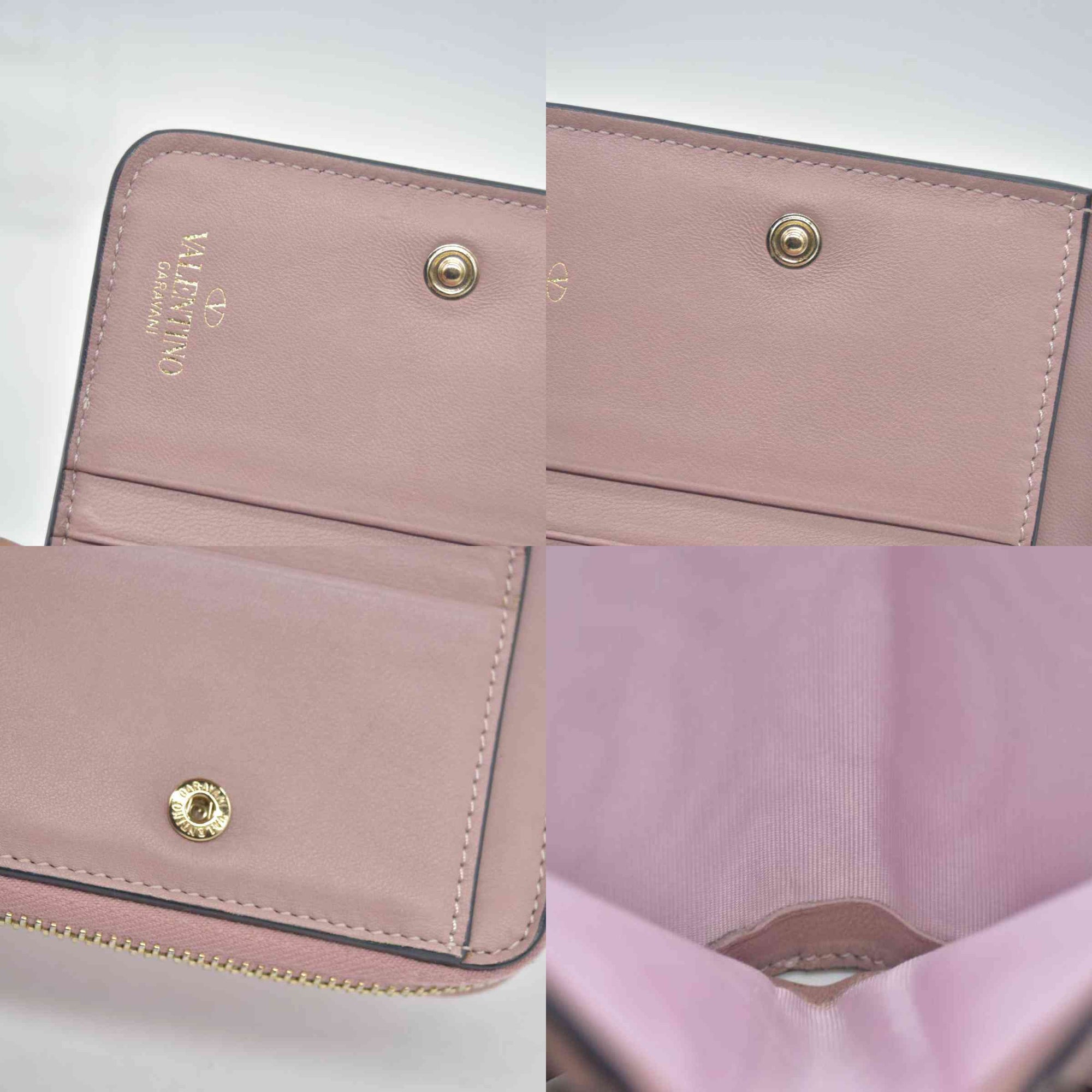 $775 VALENTINO Garavani Nappa Rockstud Spike Compact Zip Around Wallet Metallic Pink
