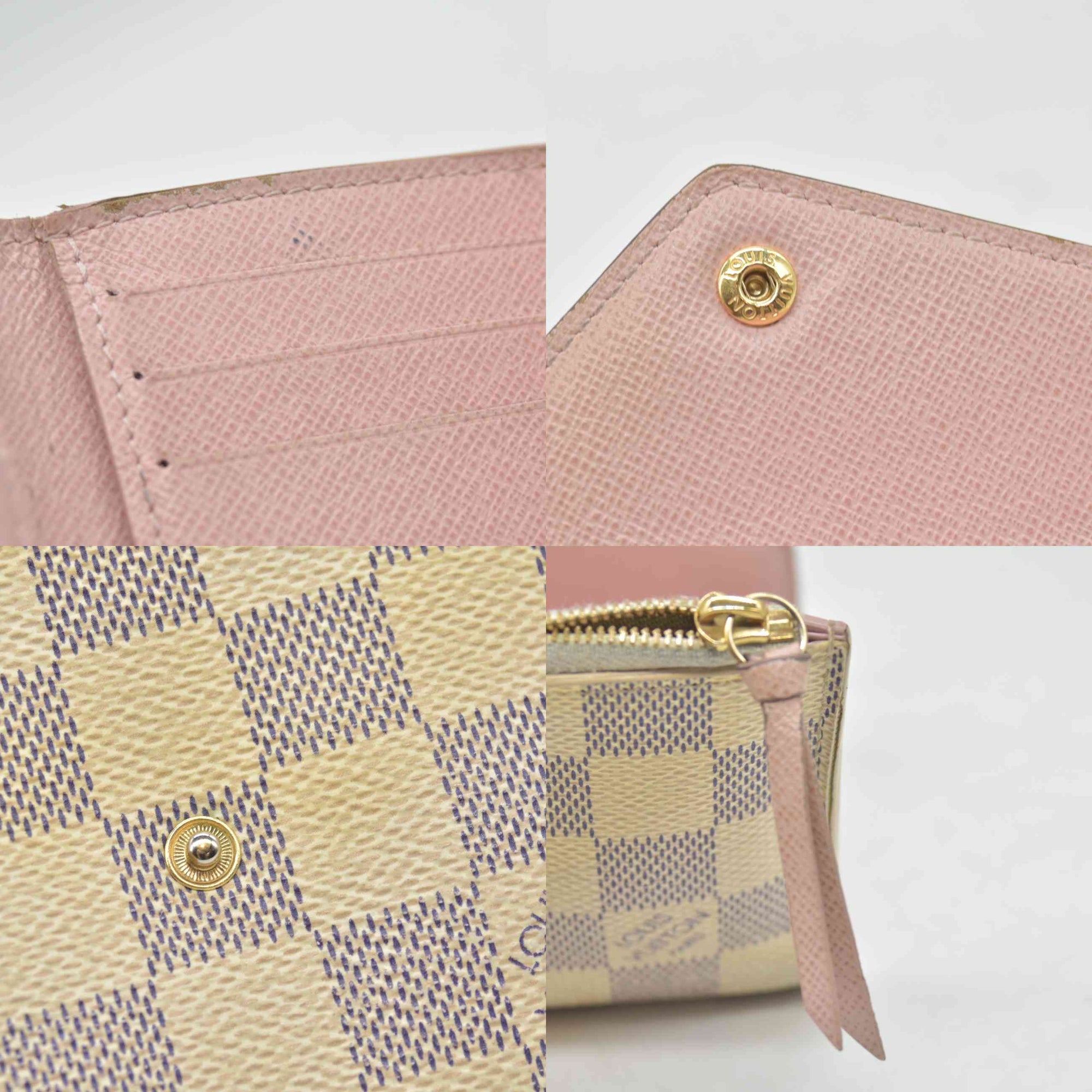 $625 2019 Louis Vuitton Damier Azur Rose Ballerine Victorine Wallet White Pink  FH4179