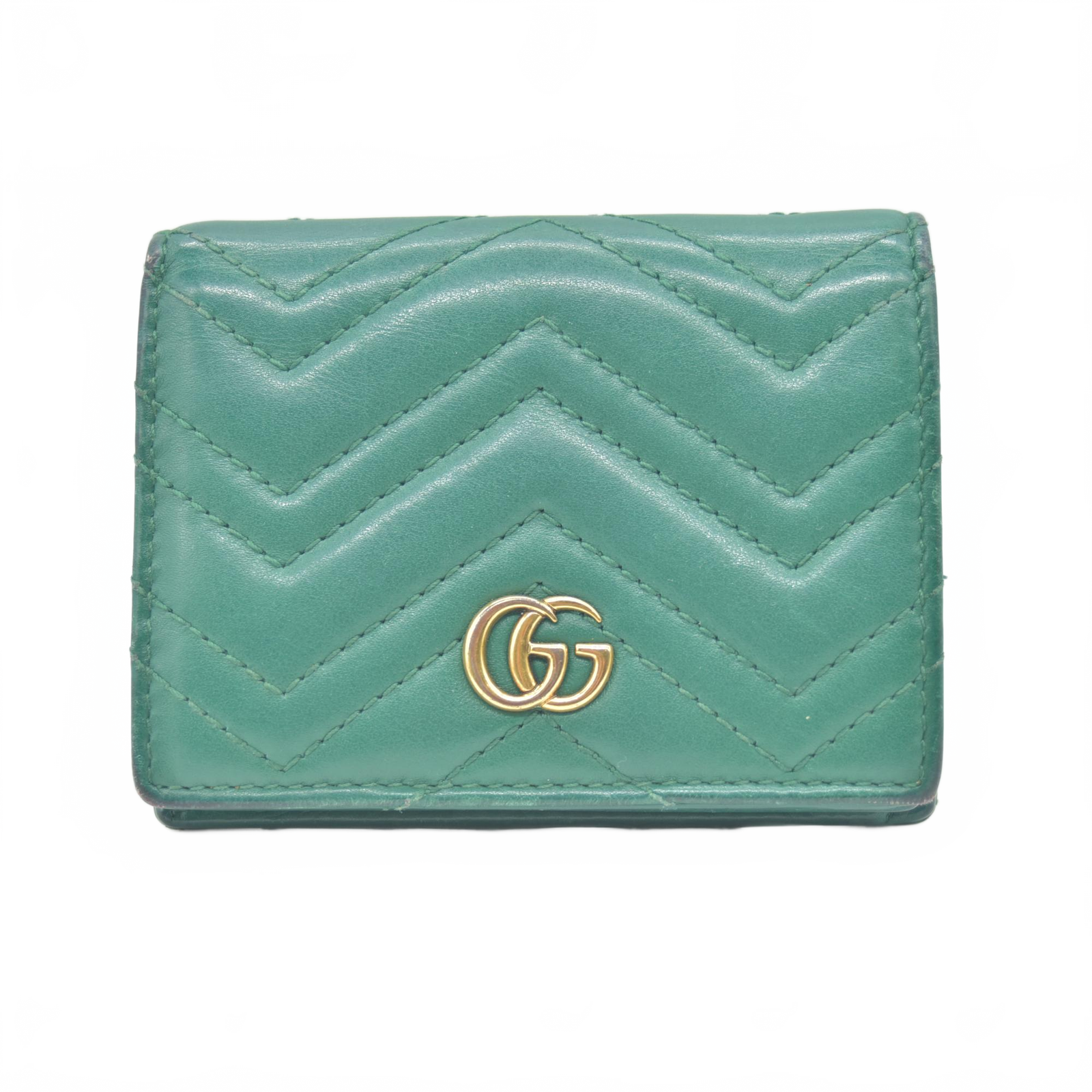 $580 Gucci  Marmont Double G Logo Compact Wallet Emerald CONSIGNMENT