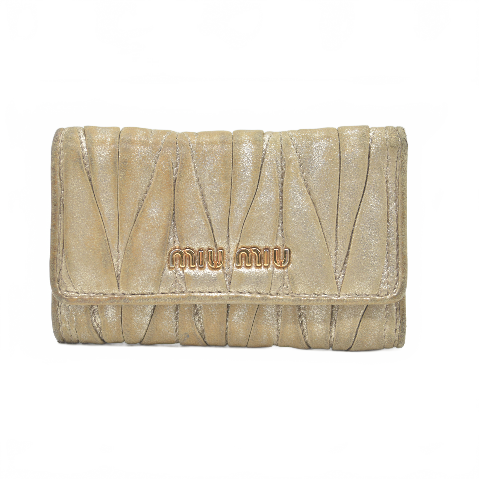 Miu Miu Matelassé Leather Card Holder Key Case Gold