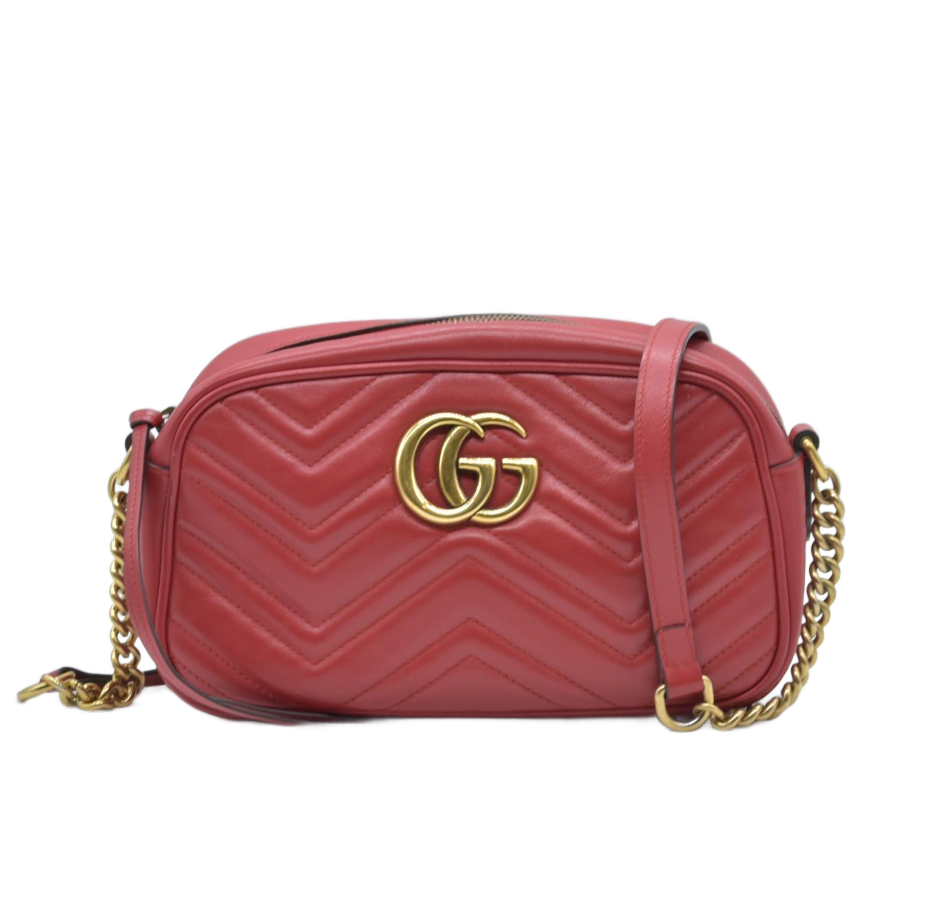 $1950 Gucci Calfskin Matelasse Small GG Marmont Chain Shoulder Bag Hibiscus Red Crossbody
