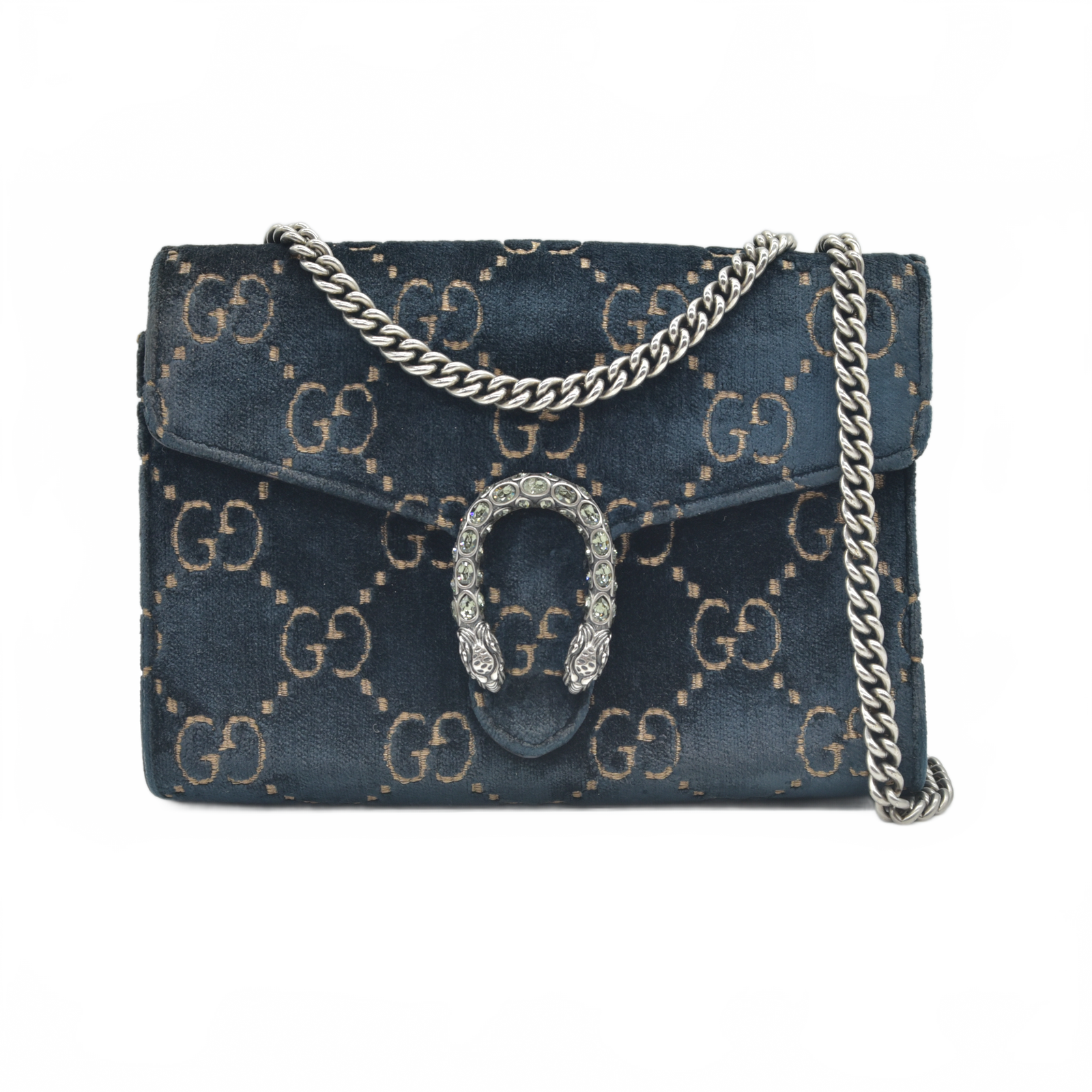 $1650 Gucci Velvet Crystal GG Monogram Mini Dionysus Chain Wallet Blue Beige Black