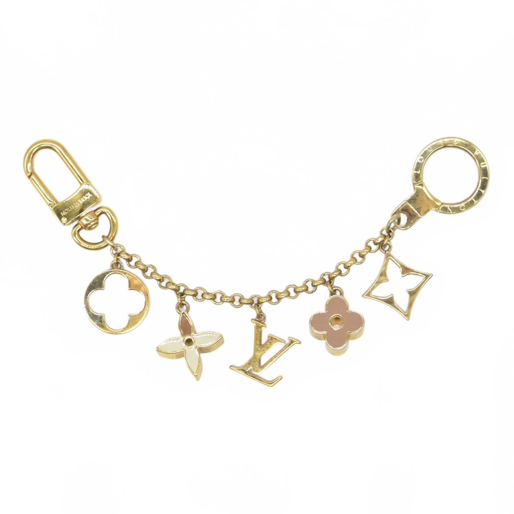 $600 2017 Louis Vuitton Brass Enamel Fleur De Monogram Bag Charm Chain Gold FJ1127