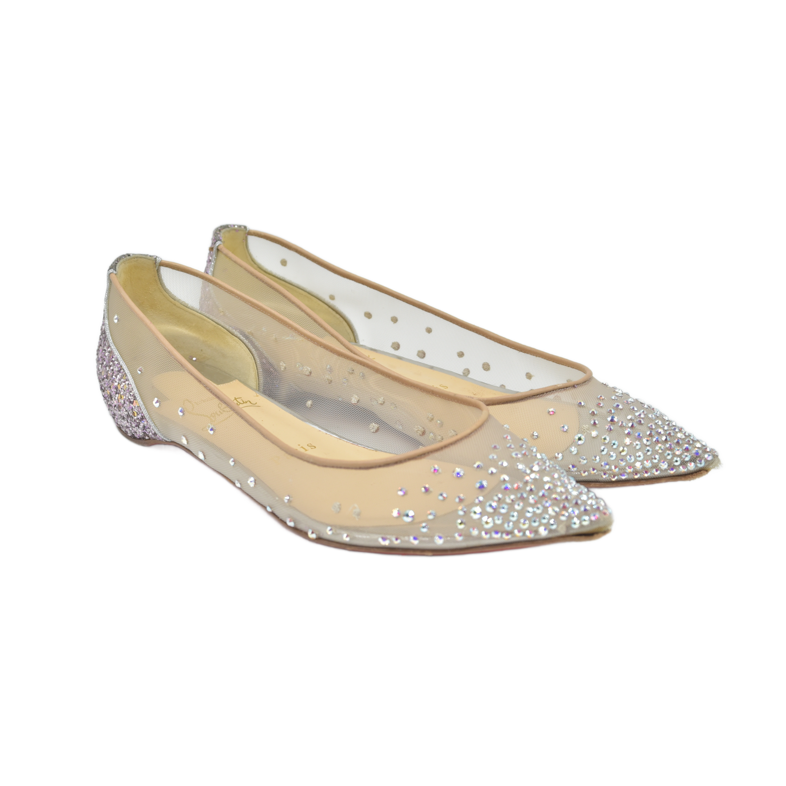 $995 Christian Louboutin Crystal Strass Follies Flats 36.5 Silver