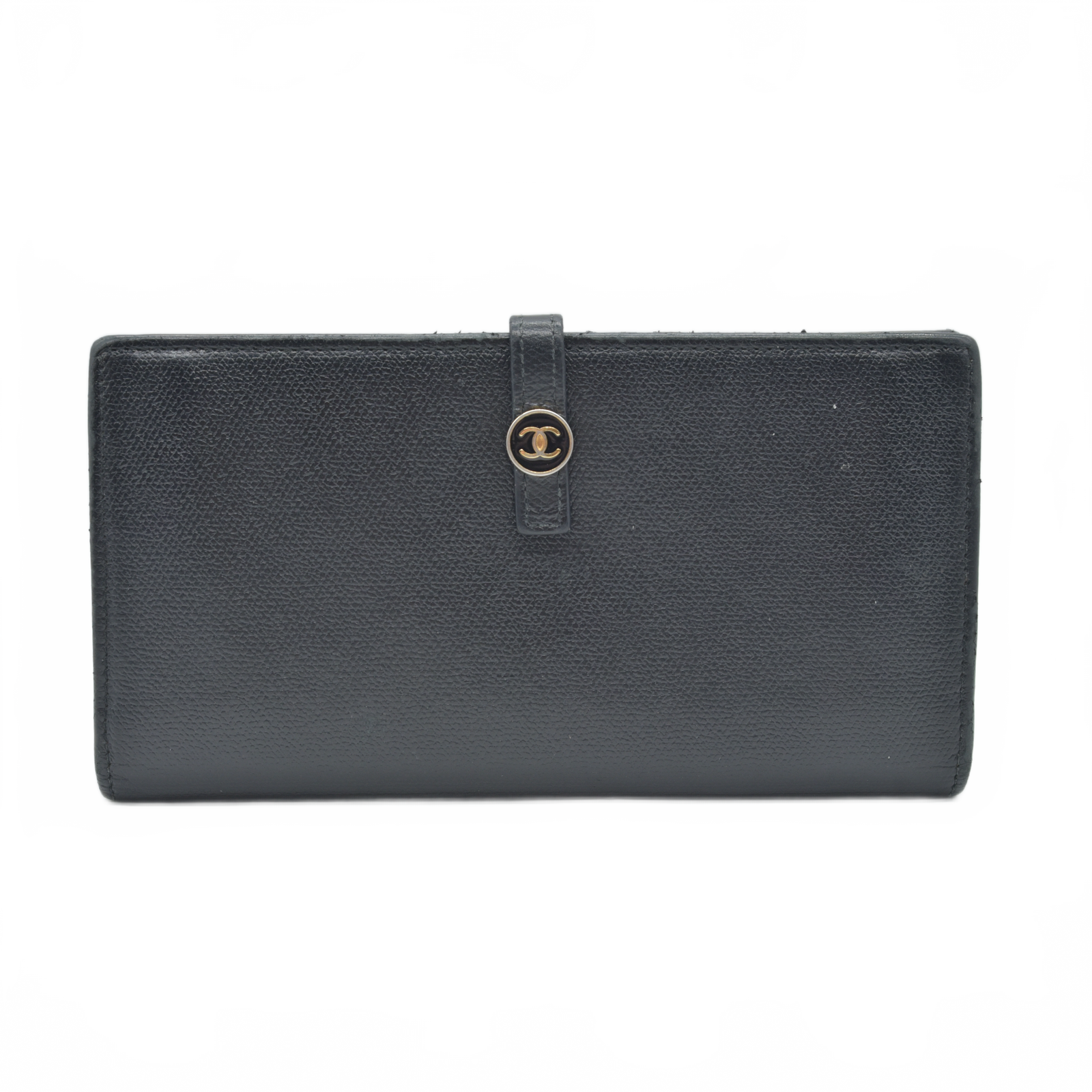 $925 2005 Chanel Grained Calfskin CC Button Long Wallet Black