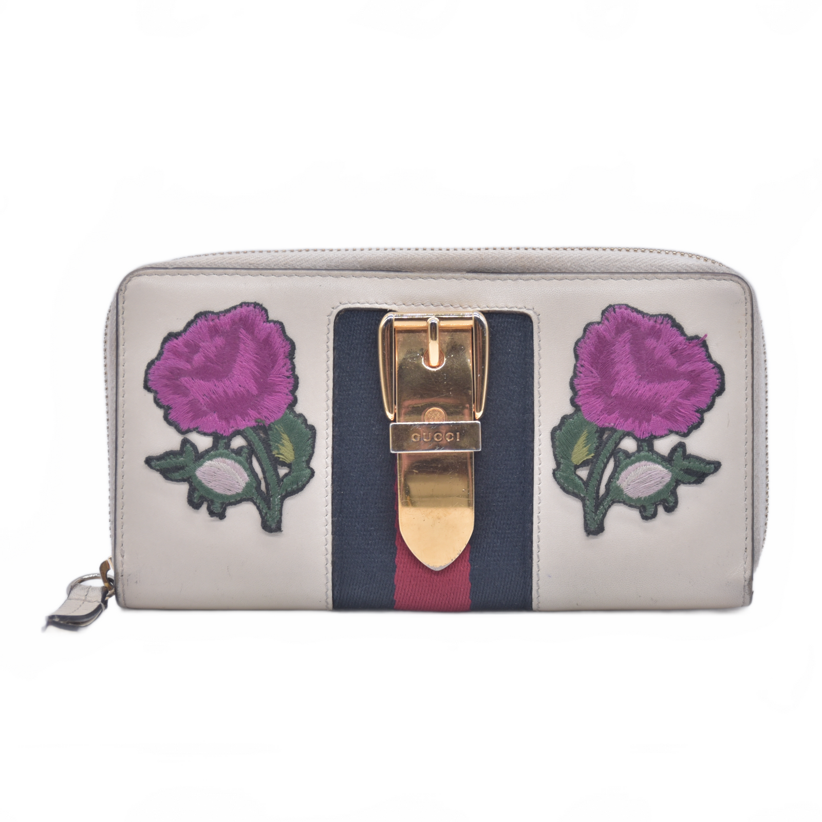 $980 Gucci White Sylvie Floral Embroidery Zip Around Wallet