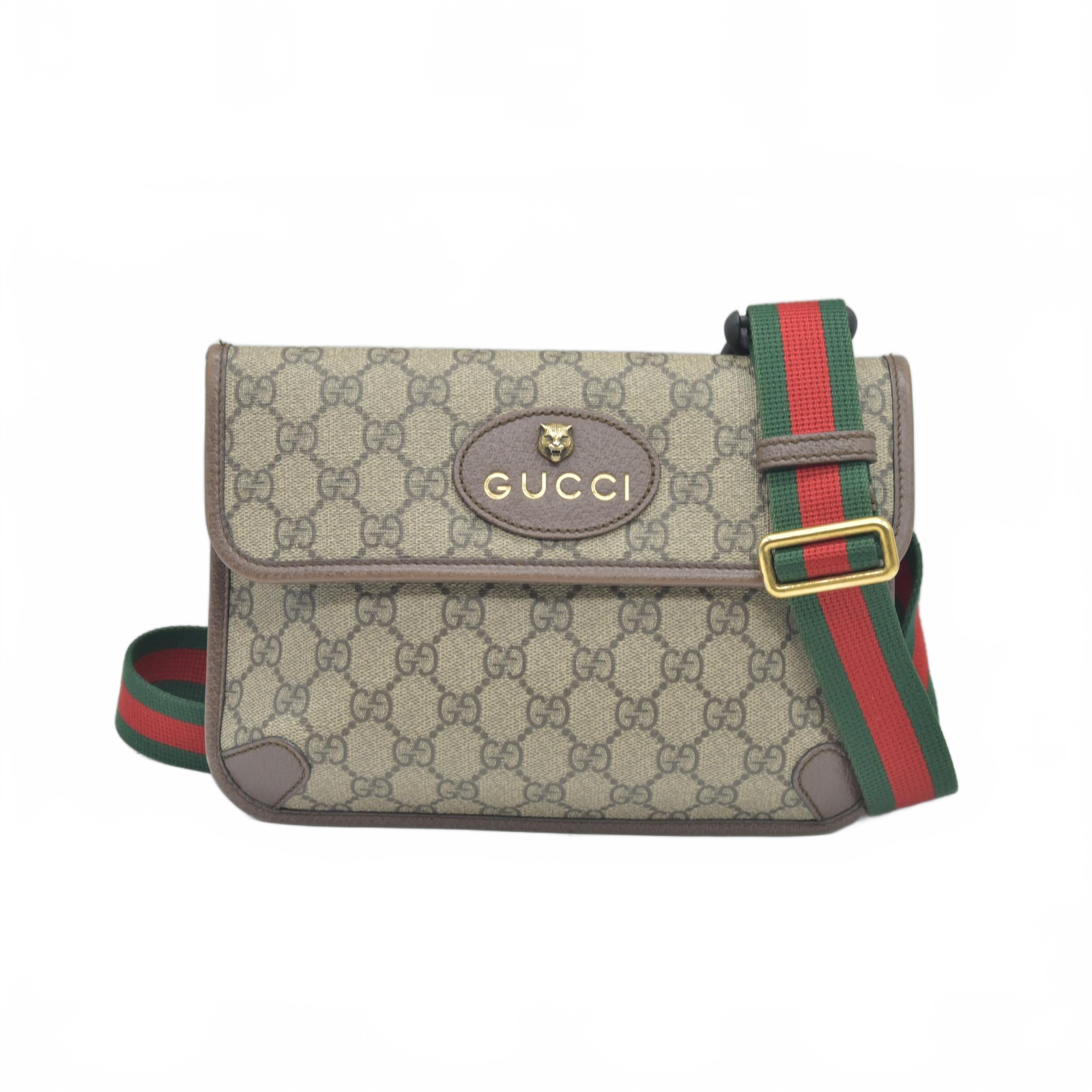 $1200 Gucci GG Supreme Monogram Neo Vintage Web Belt Bag Brown CONSIGNMENT