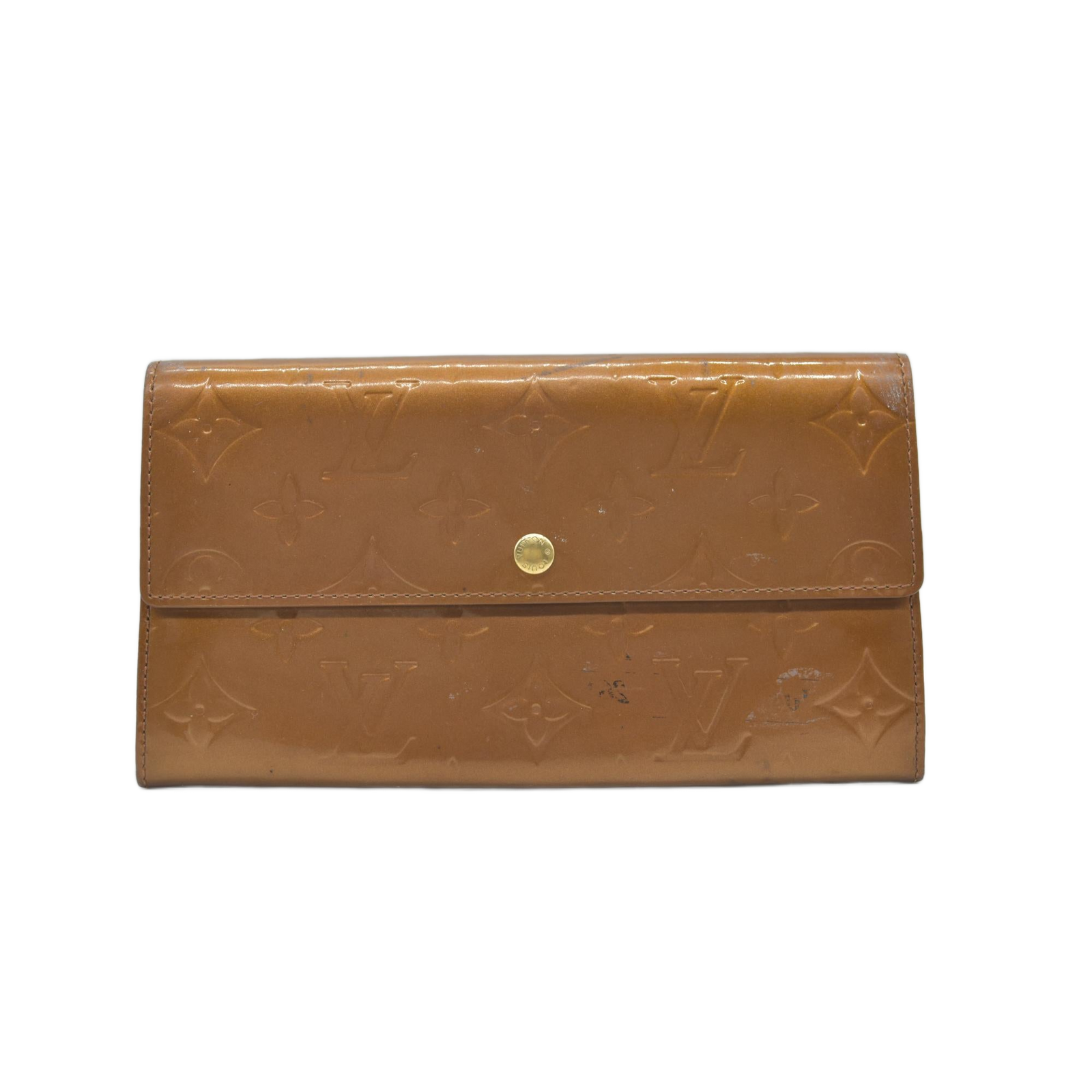 $840 Louis Vuitton Vintage Monogram Vernis Sarah Wallet Dark Beige