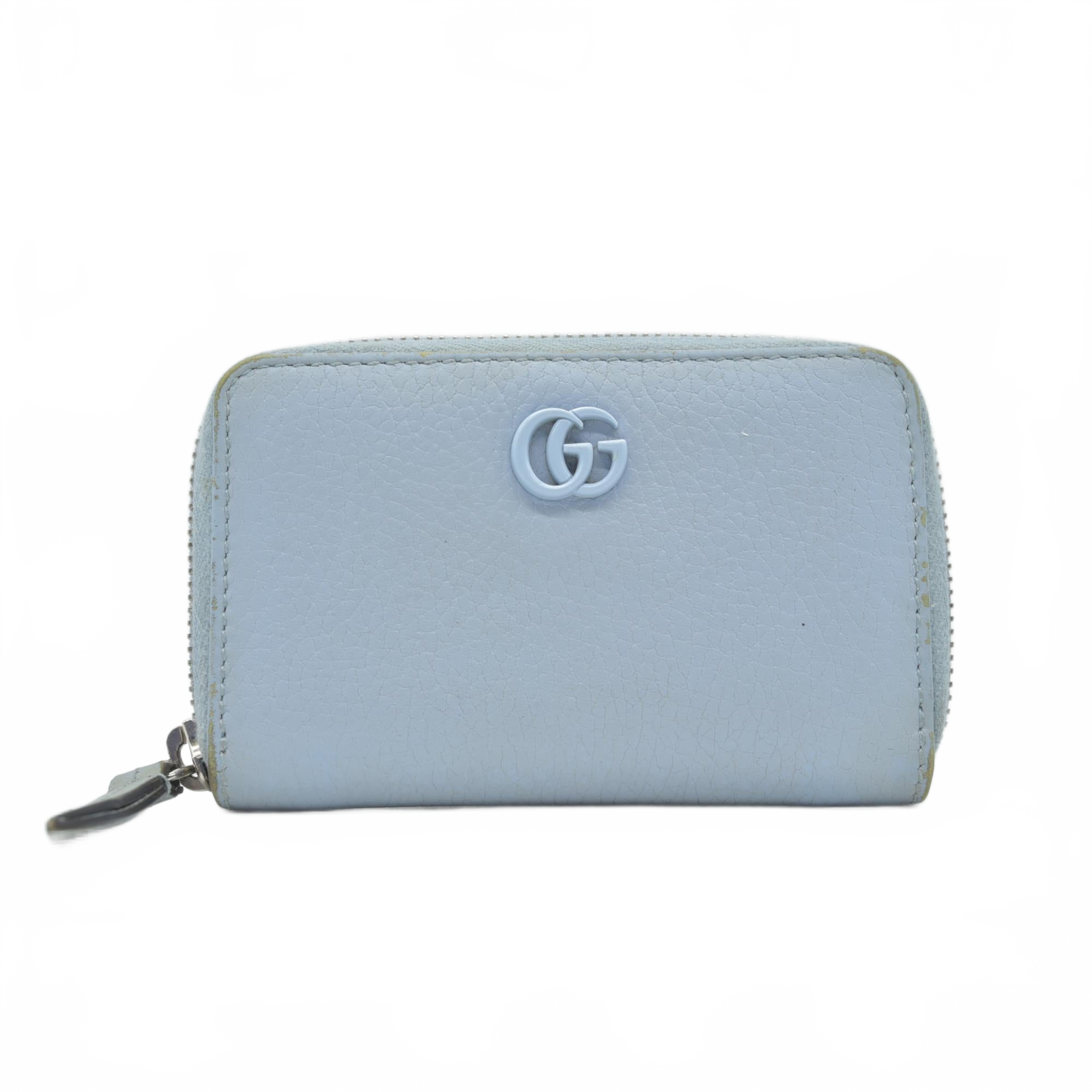 $660 Gucci Blue Calfskin Monochrome Dollar GG Marmont Zip Around Card Holder
