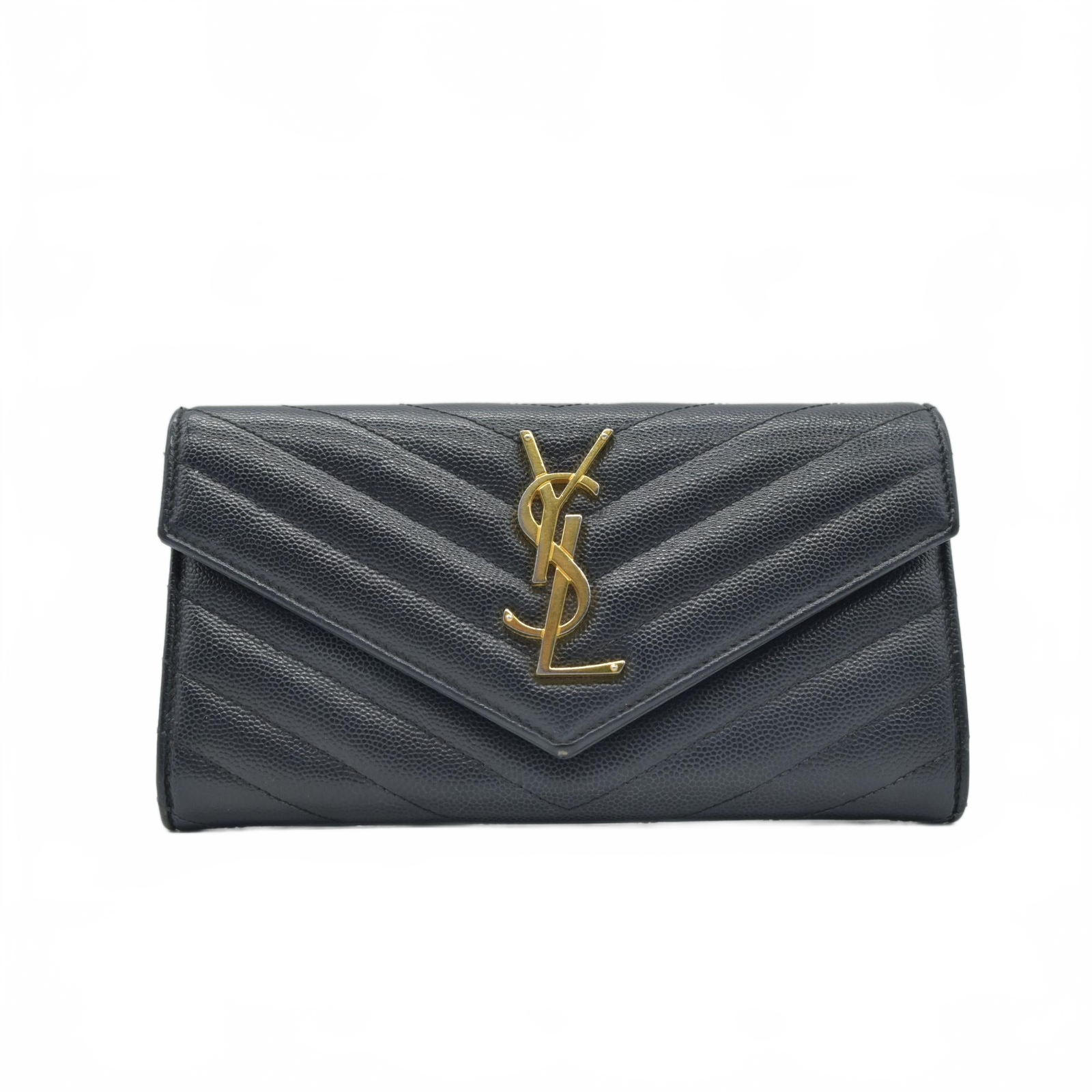 $750 Saint Laurent Grain De Poudre Matelasse Chevron Monogram Flap Wallet Black