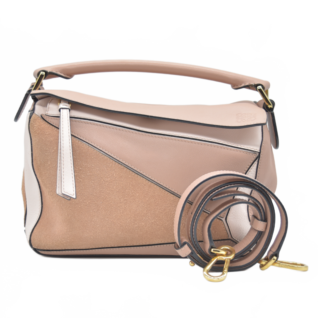 $3850 2017 Loewe Calfskin Suede Small Puzzle Bag Blush