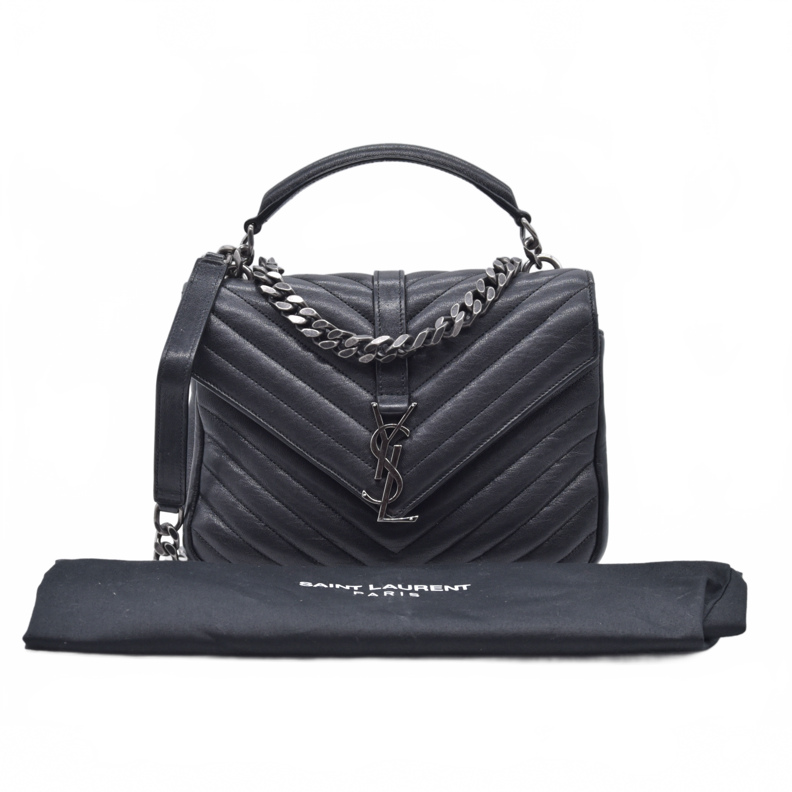 $2750 2016 Saint Laurent Sheepskin Matelasse Chevron Monogram Medium College Bag Black 10021141